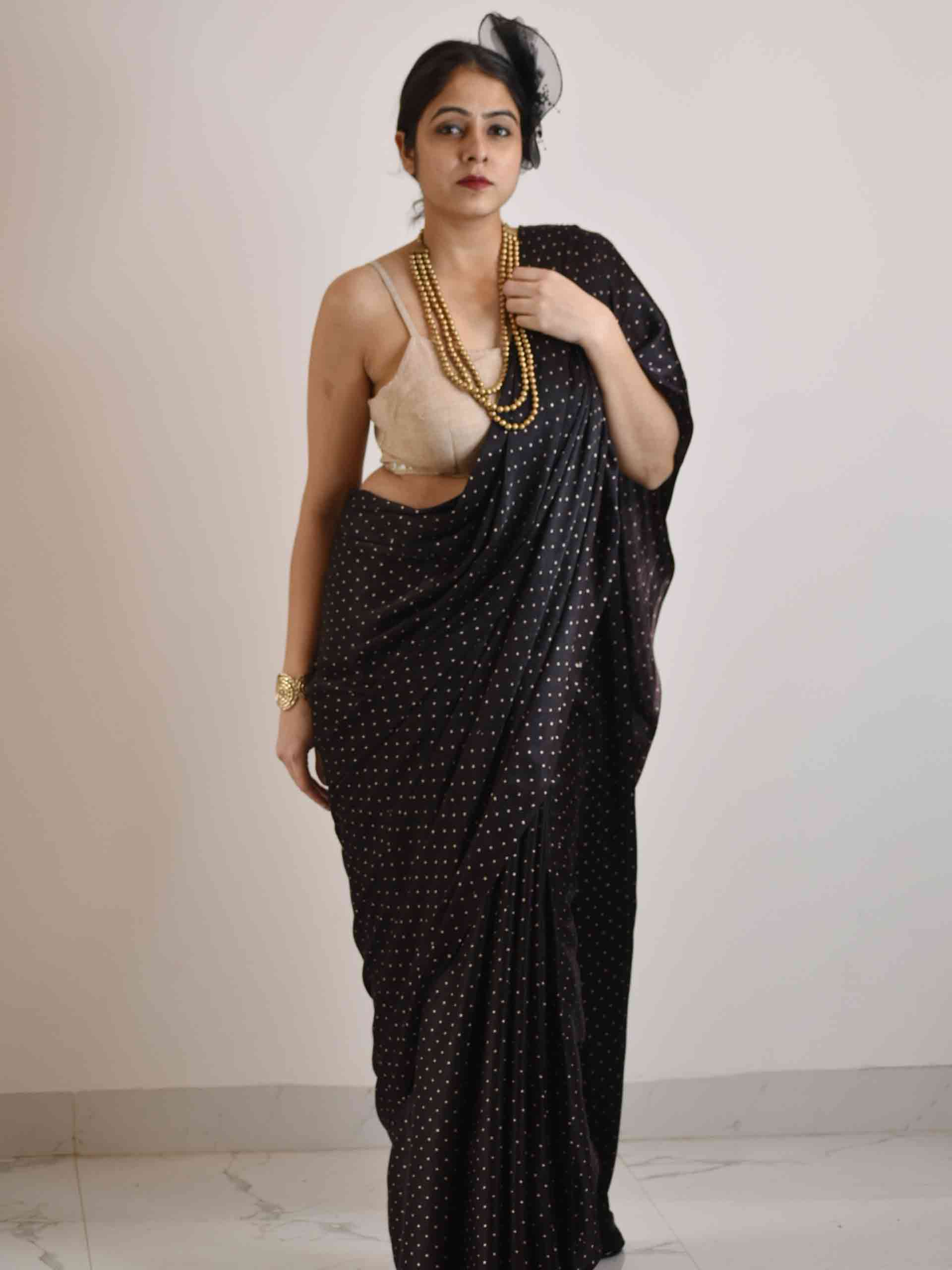 Buy Black Polka Ajrakh Mashru Silk Saree online