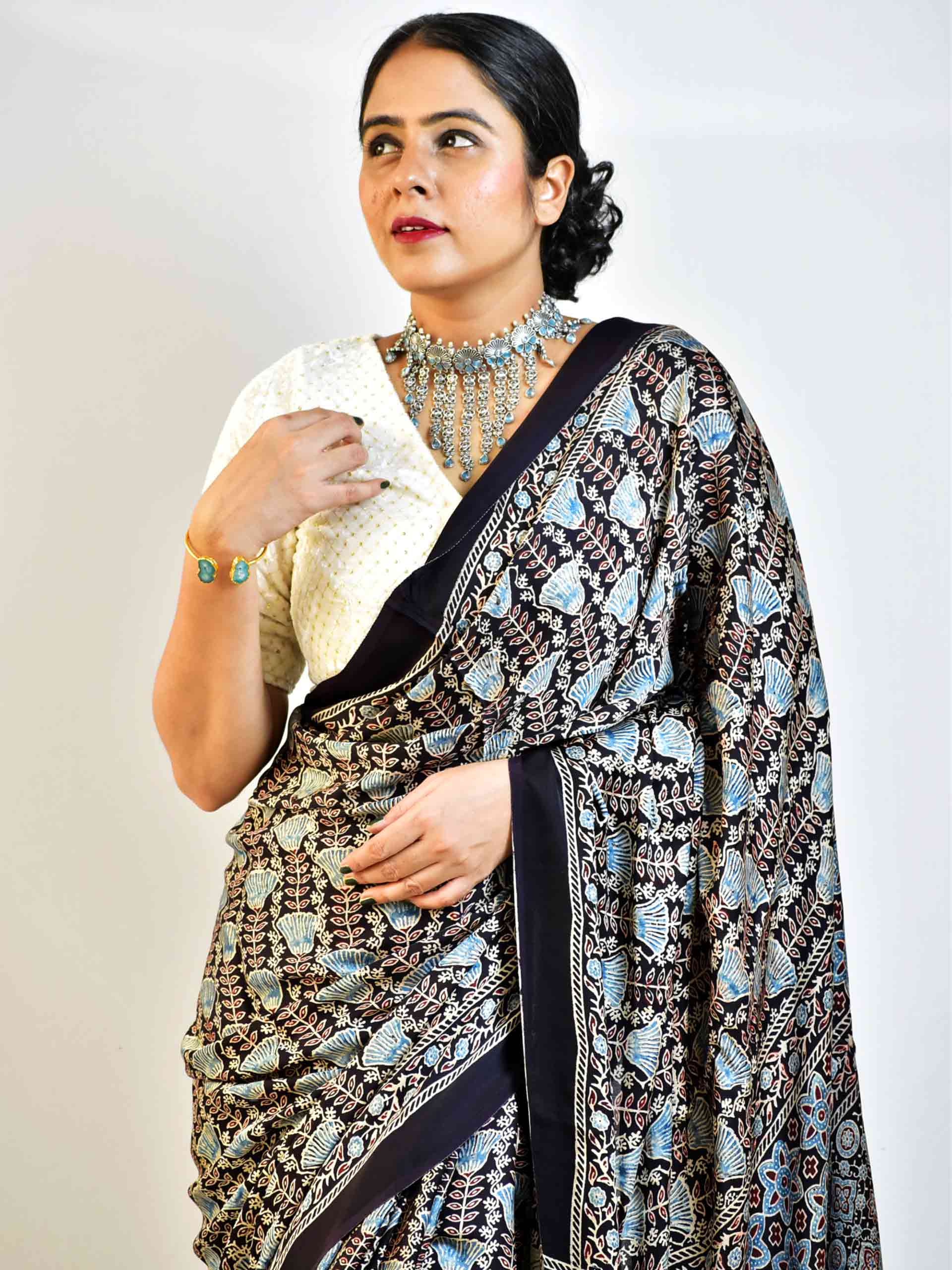 Ajrakh hand block printed Modal Silk Saree