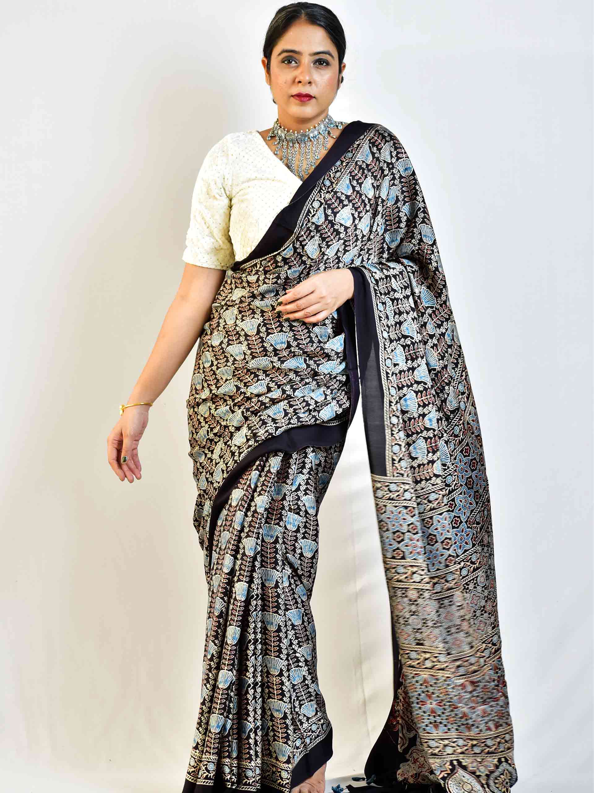 Ajrakh hand block printed Modal Silk Saree