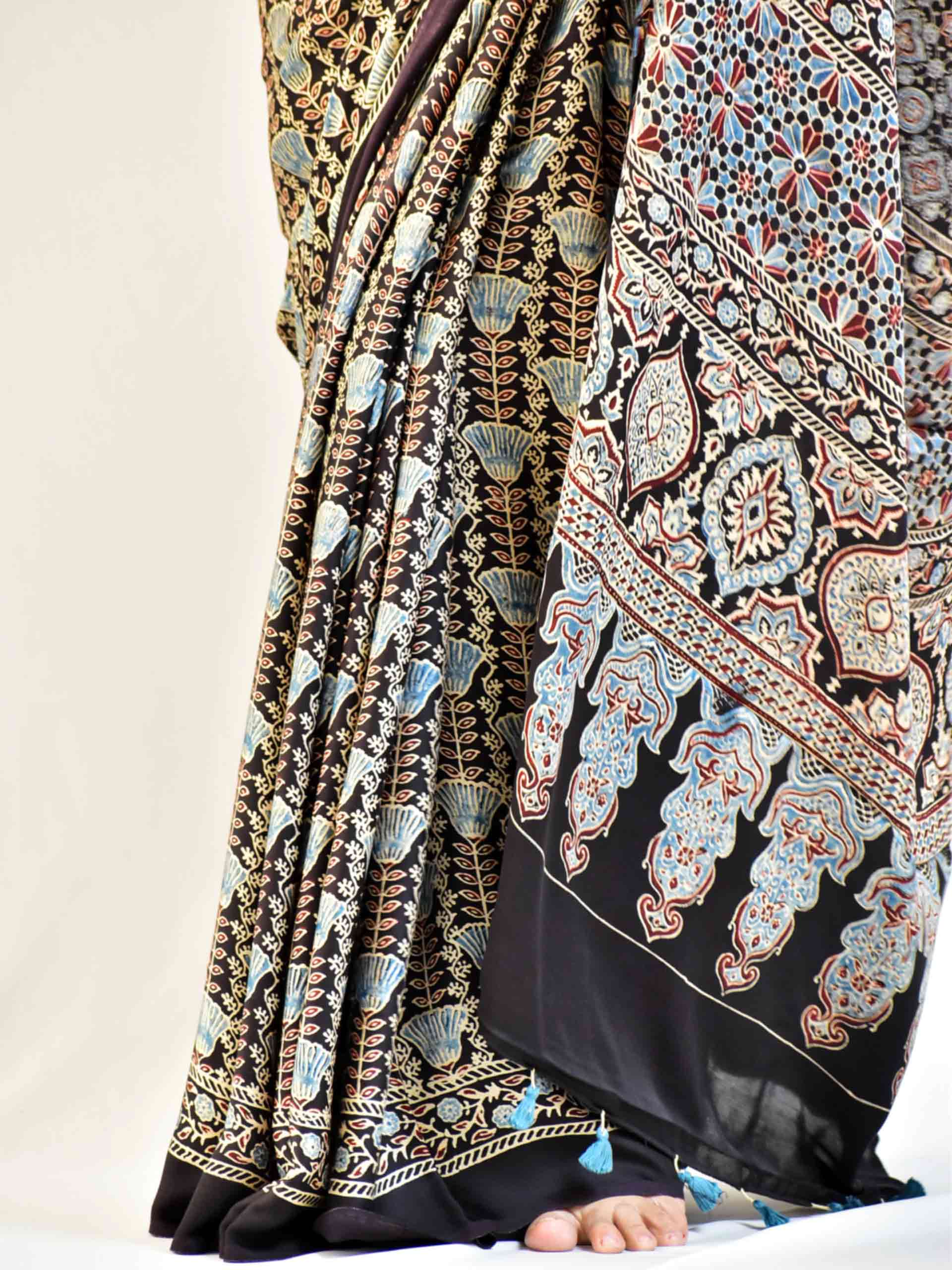 Ajrakh hand block printed Modal Silk Saree