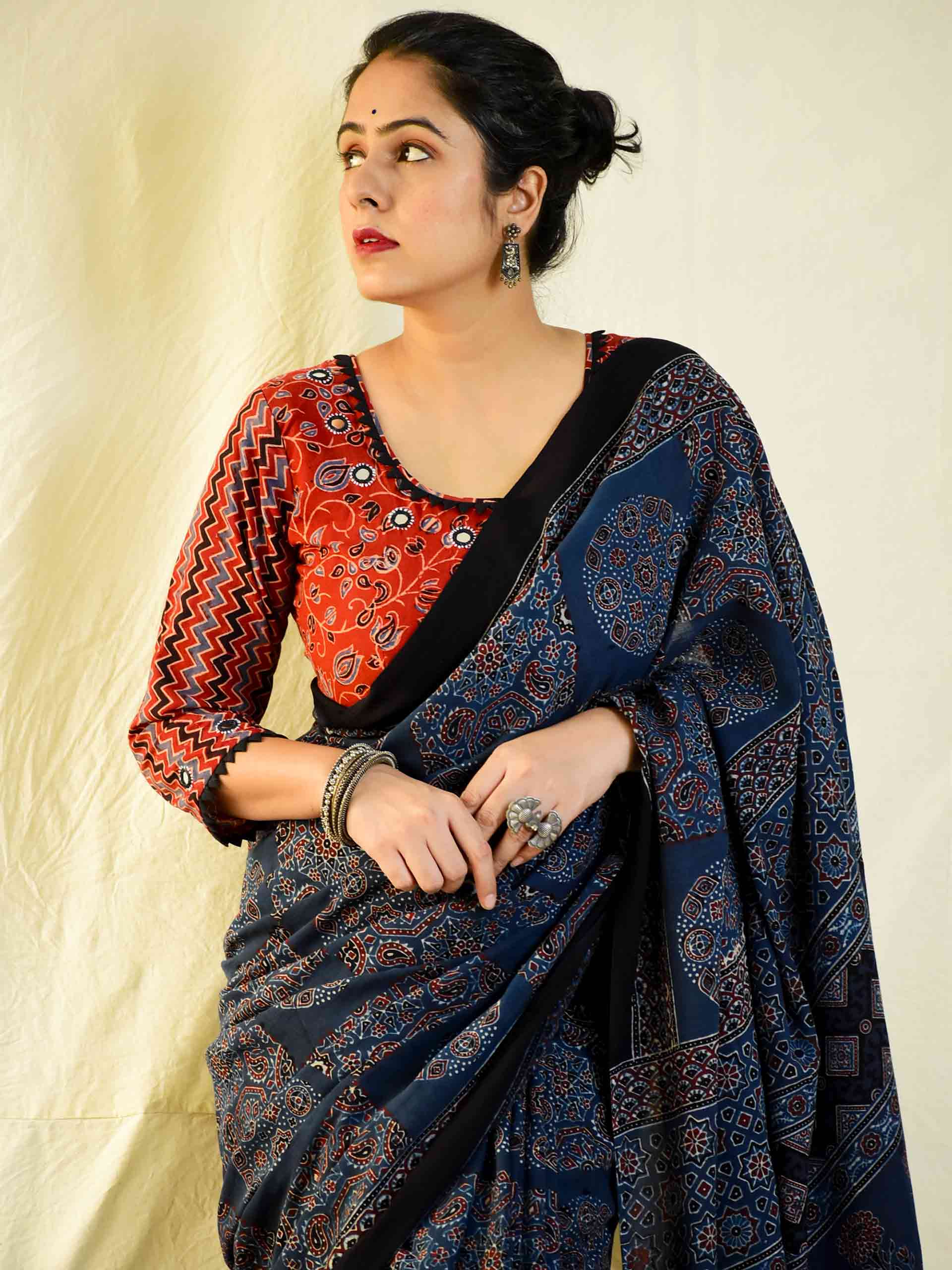 Ajrakh hand block printed mul cotton saree