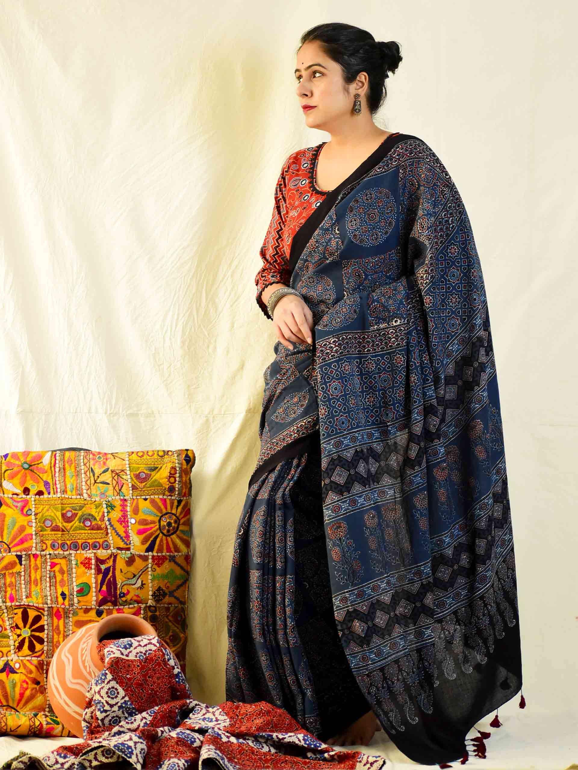 Ajrakh hand block printed mul cotton saree