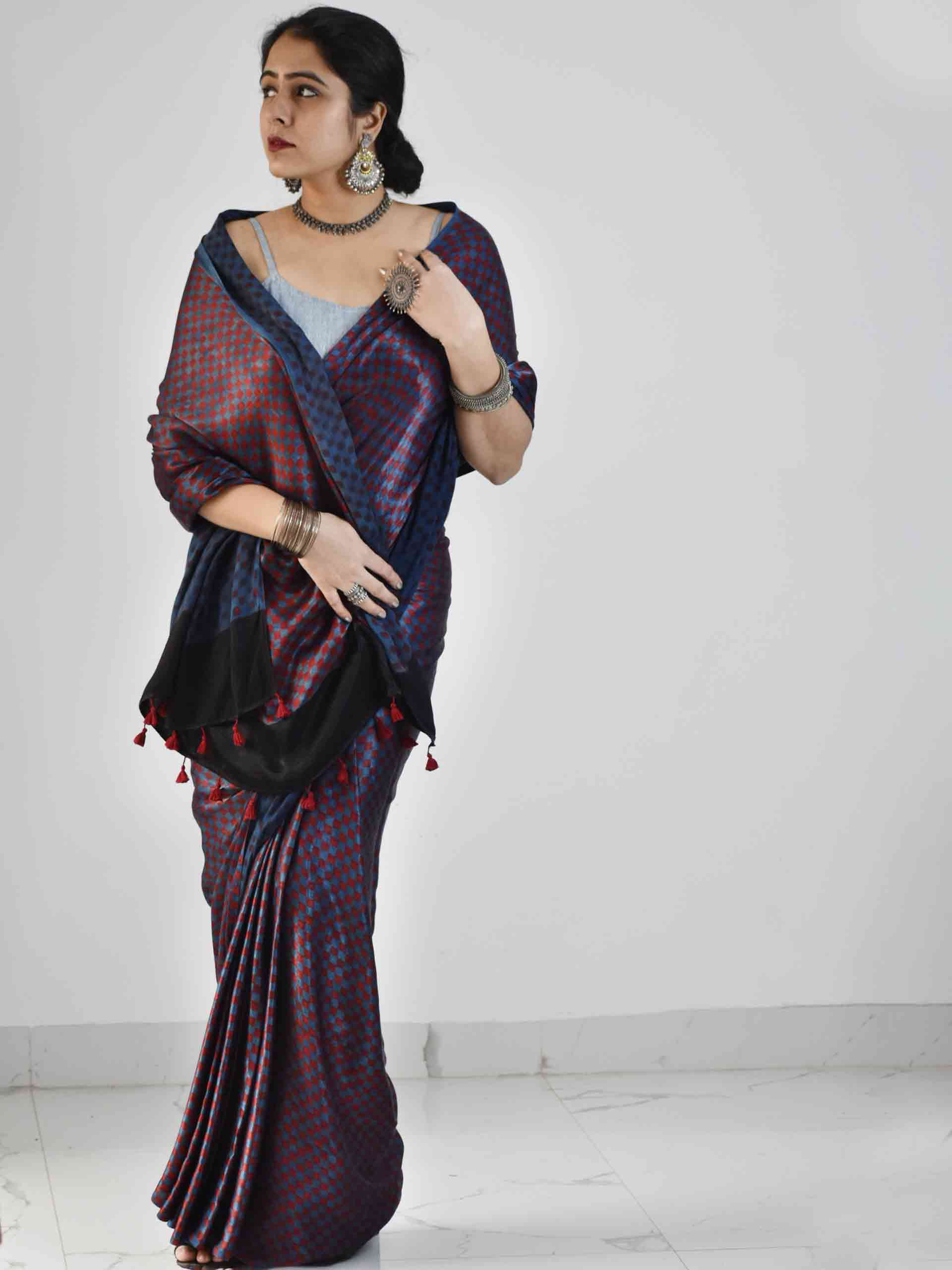 Buy Blue Maroon Ajrakh Mashru silk saree Online