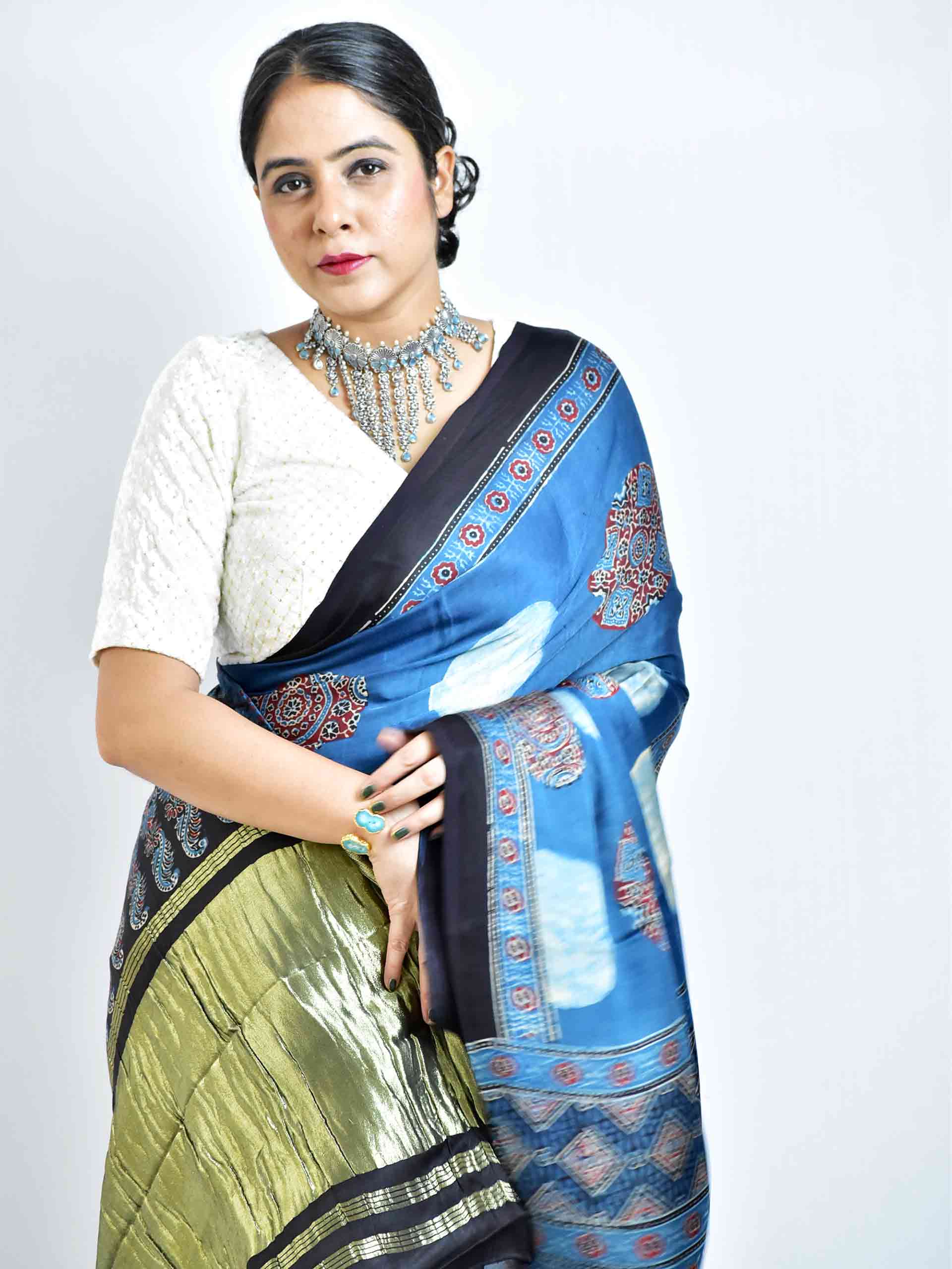 Ajrakh hand block printed Modal Silk zari pallu Saree