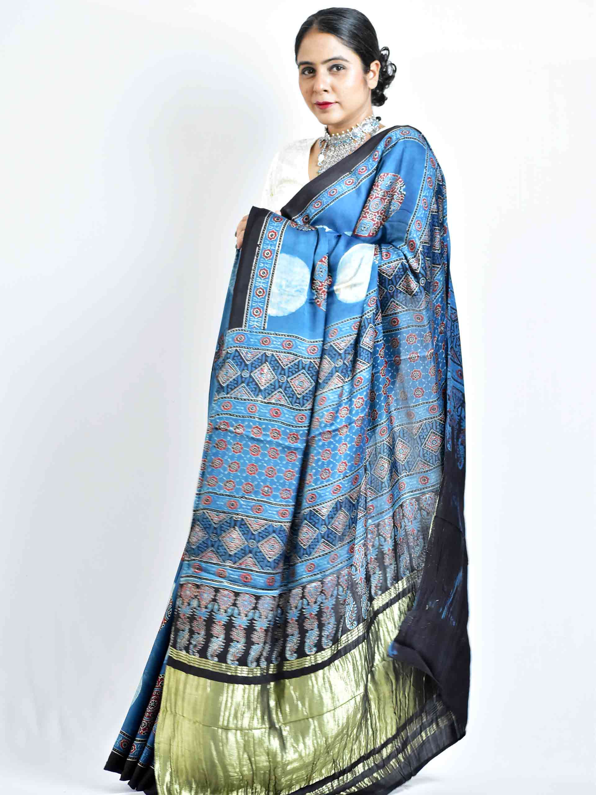 Ajrakh hand block printed Modal Silk zari pallu Saree