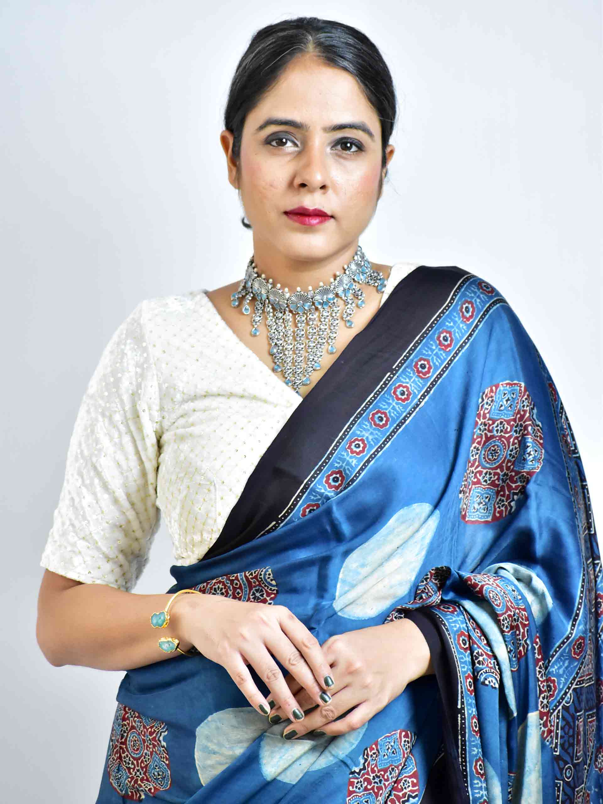 Ajrakh hand block printed Modal Silk zari pallu Saree