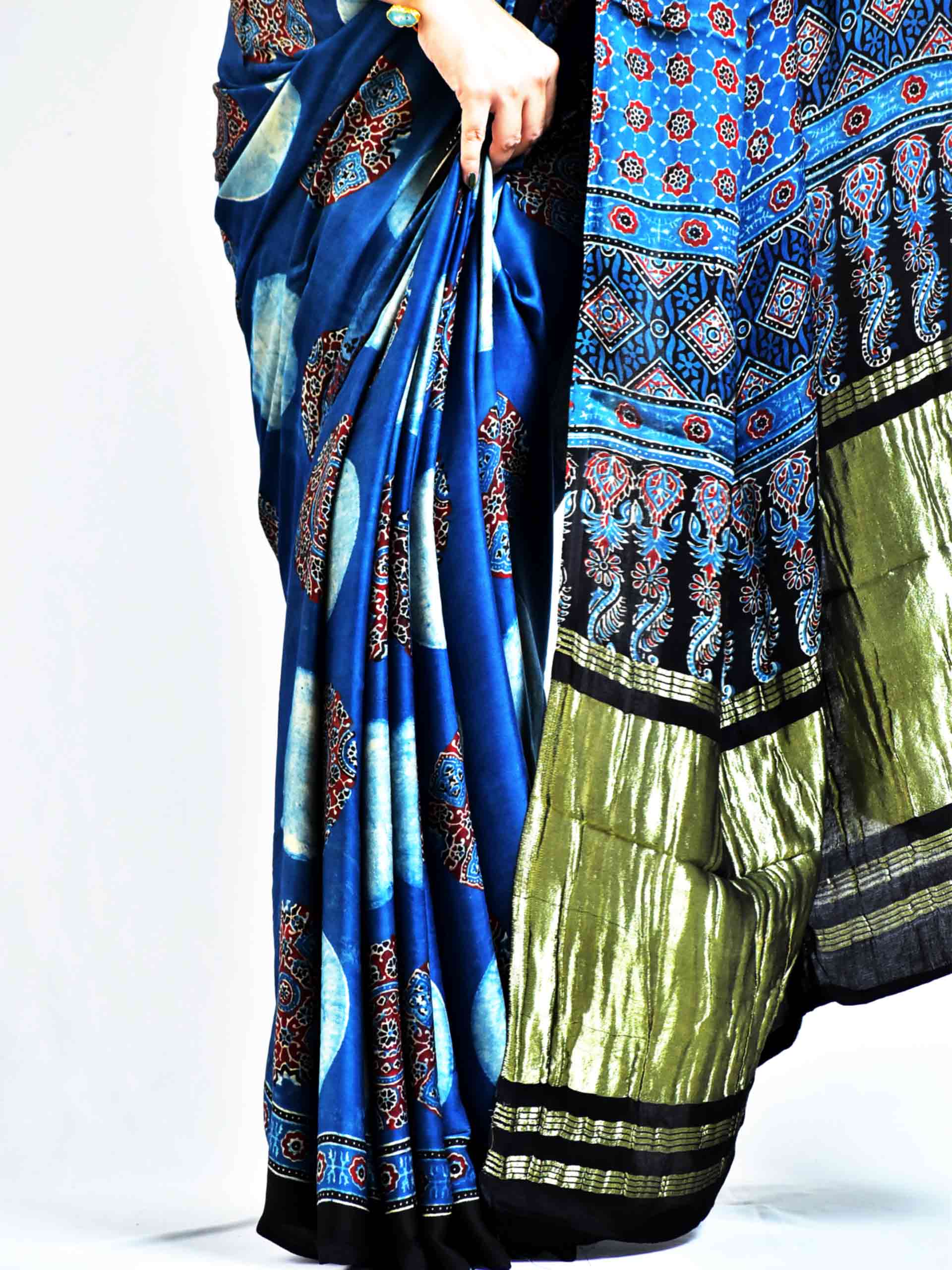 Ajrakh hand block printed Modal Silk zari pallu Saree