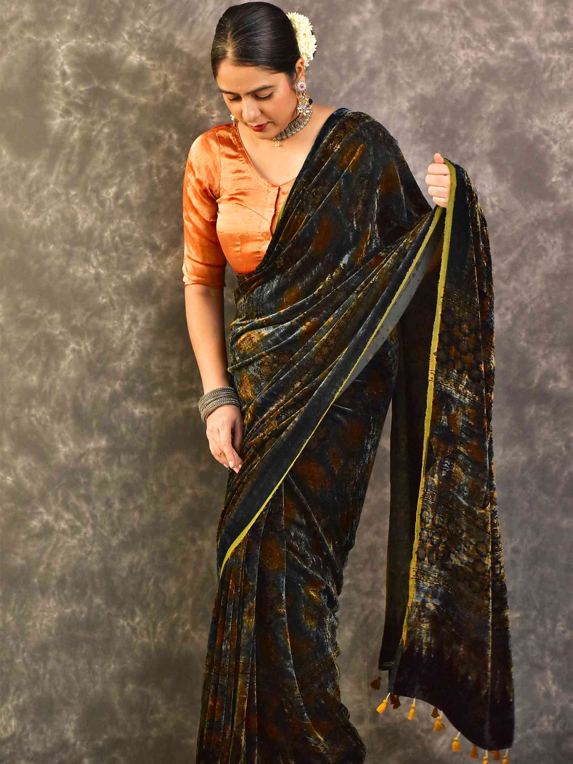 Raji - Ajrakh Silk Velvet Saree