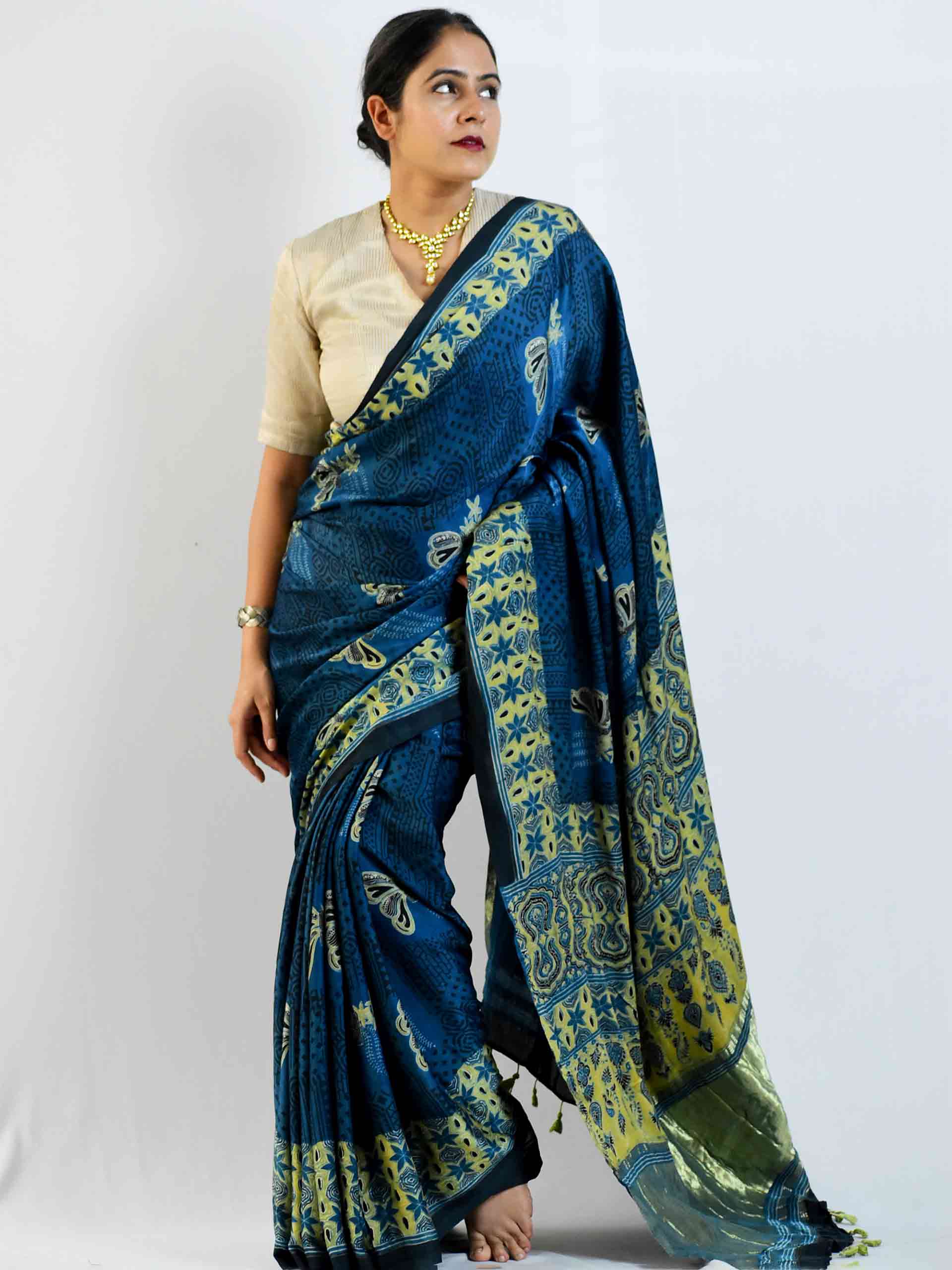 Ajrakh hand block printed Modal Silk Saree