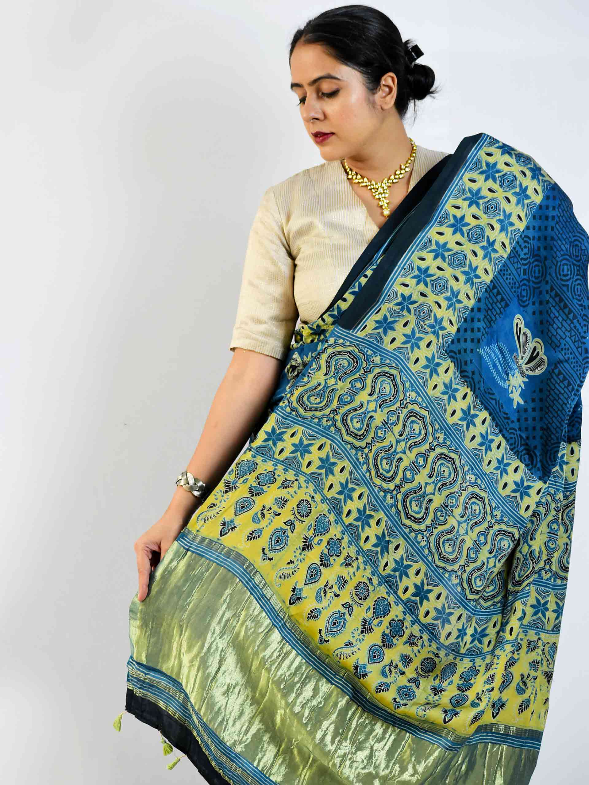 Ajrakh hand block printed Modal Silk Saree