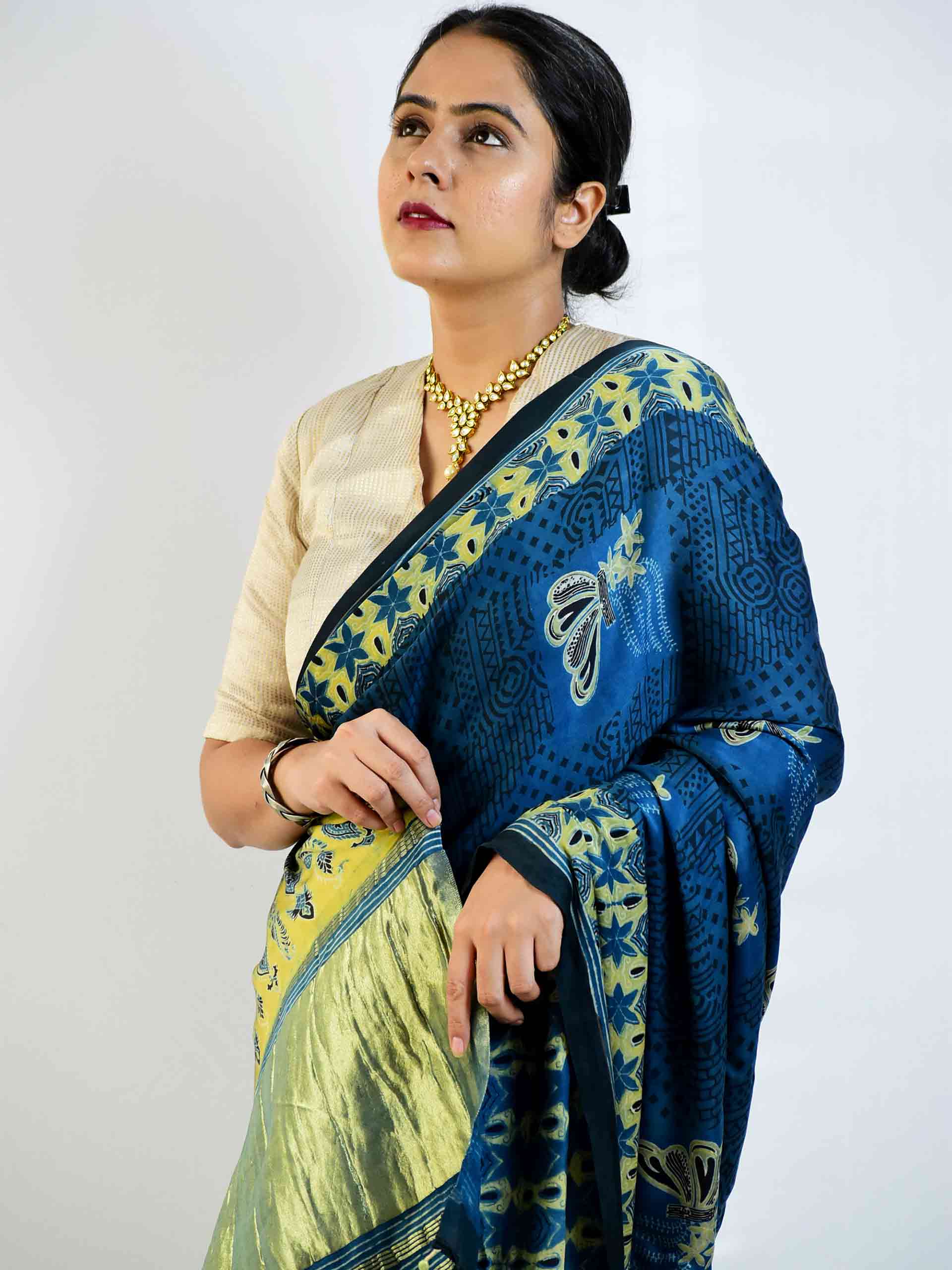 Ajrakh hand block printed Modal Silk Saree