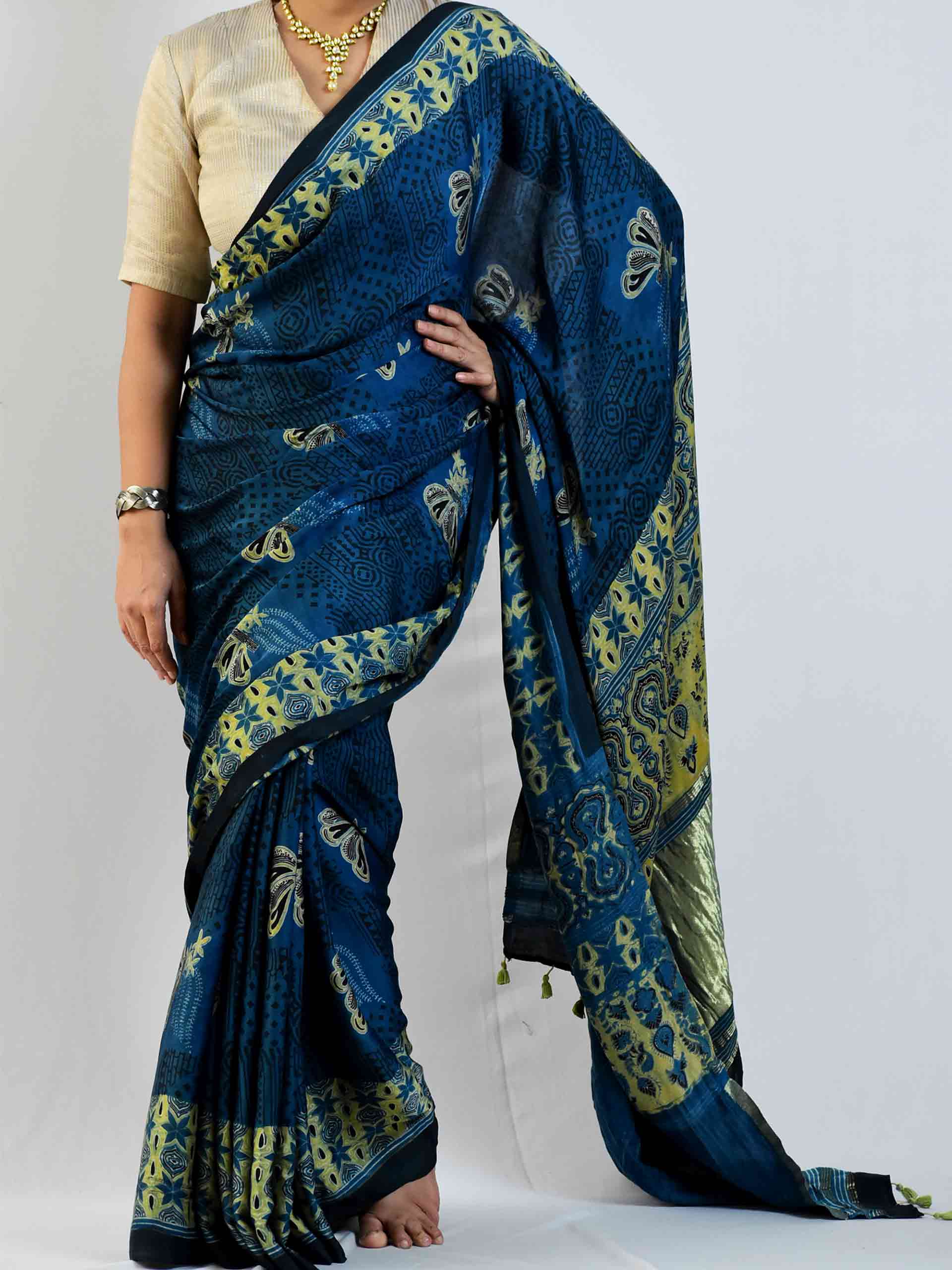Ajrakh hand block printed Modal Silk Saree