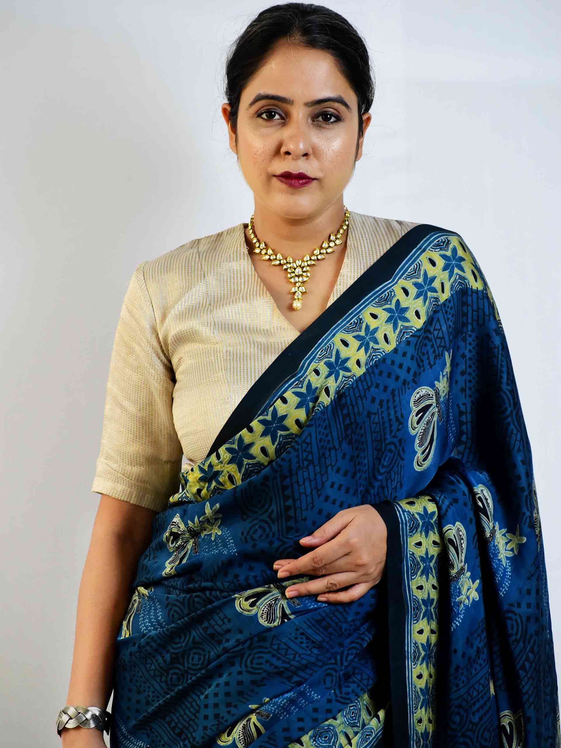 Ajrakh hand block printed Modal Silk Saree