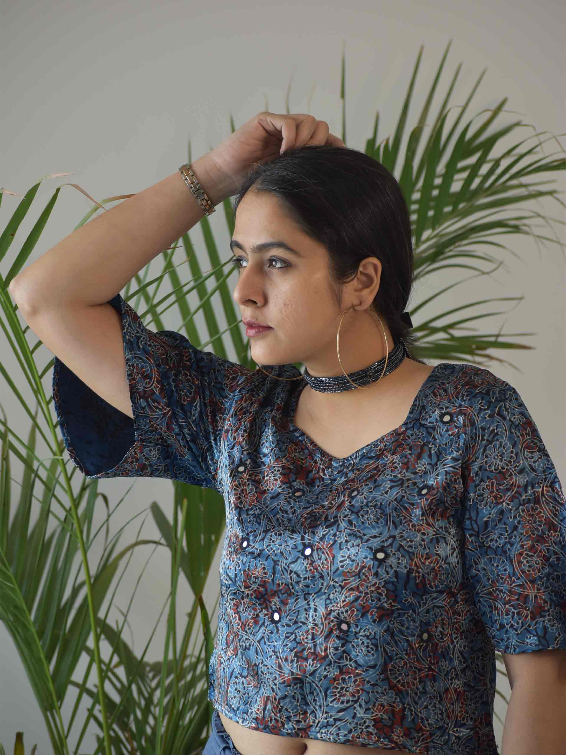 Blue-Butterfly Ajrakh Mashru Silk Blouse