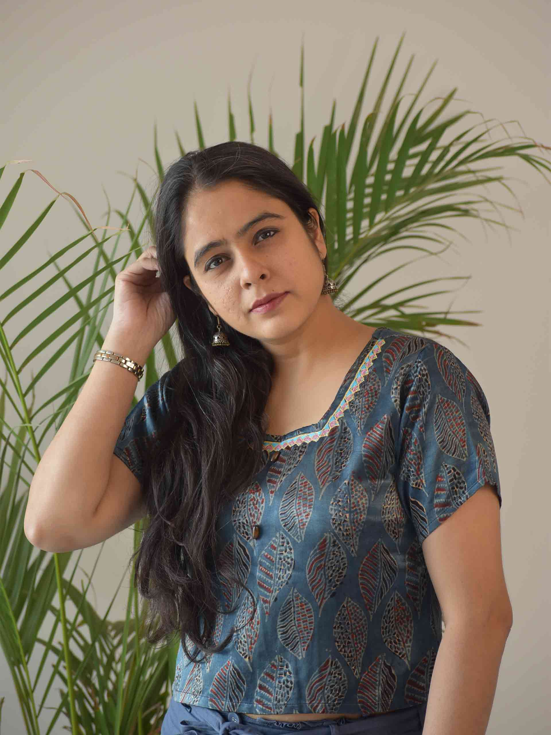Buy Blue leafy print Ajrakh Mashru Silk blouse online
