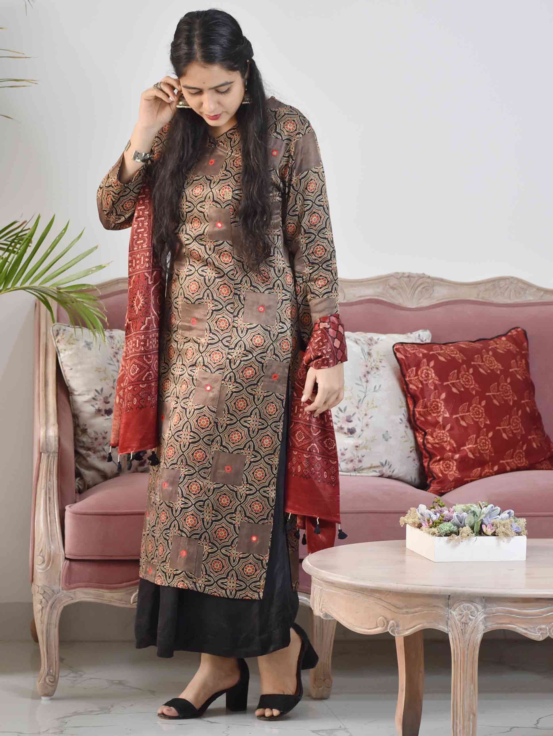Brown Ajrakh Mashru Silk Kurti