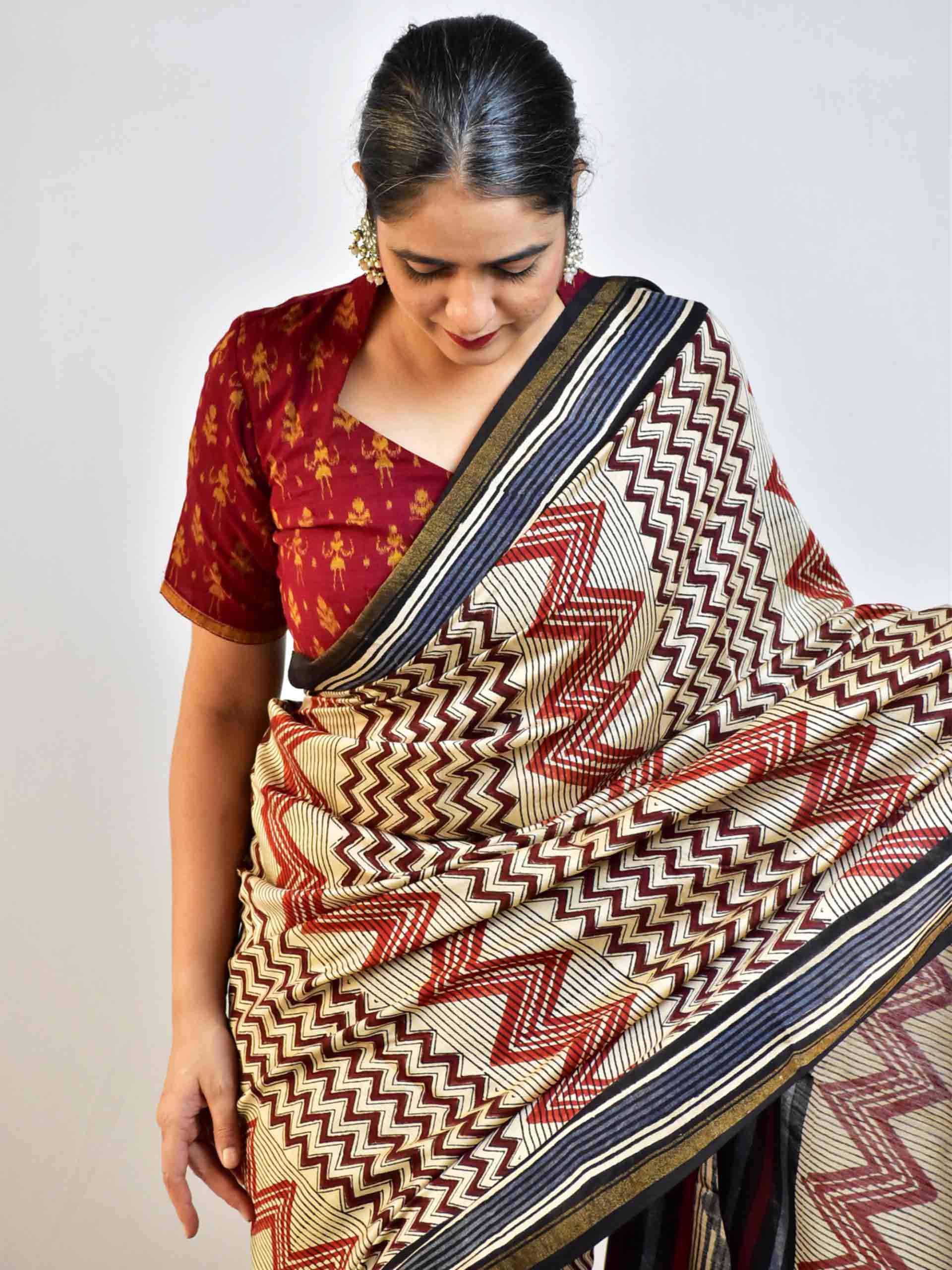 Zig zag - Dabu Chanderi silk saree