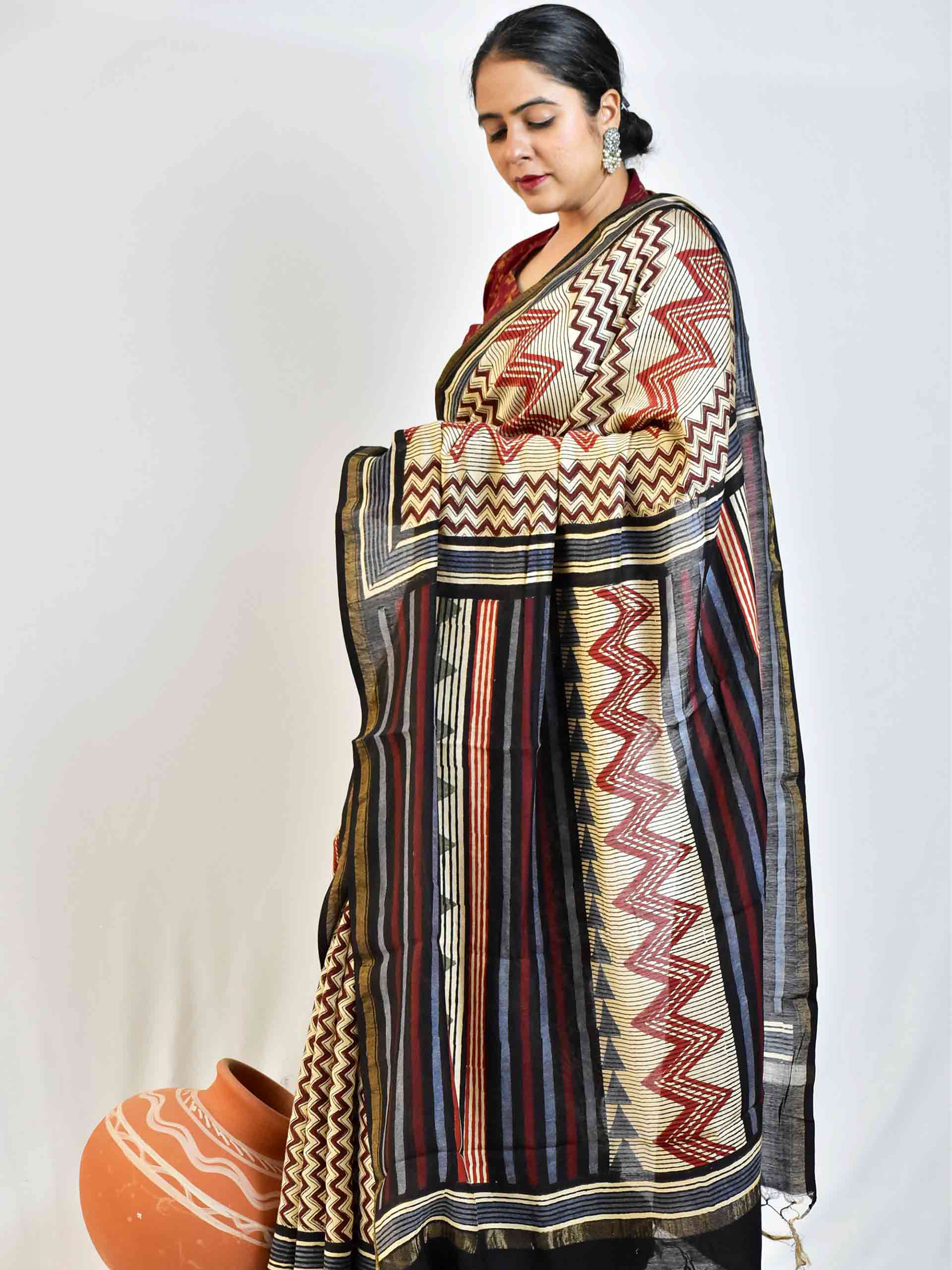 Zig zag - Dabu Chanderi silk saree