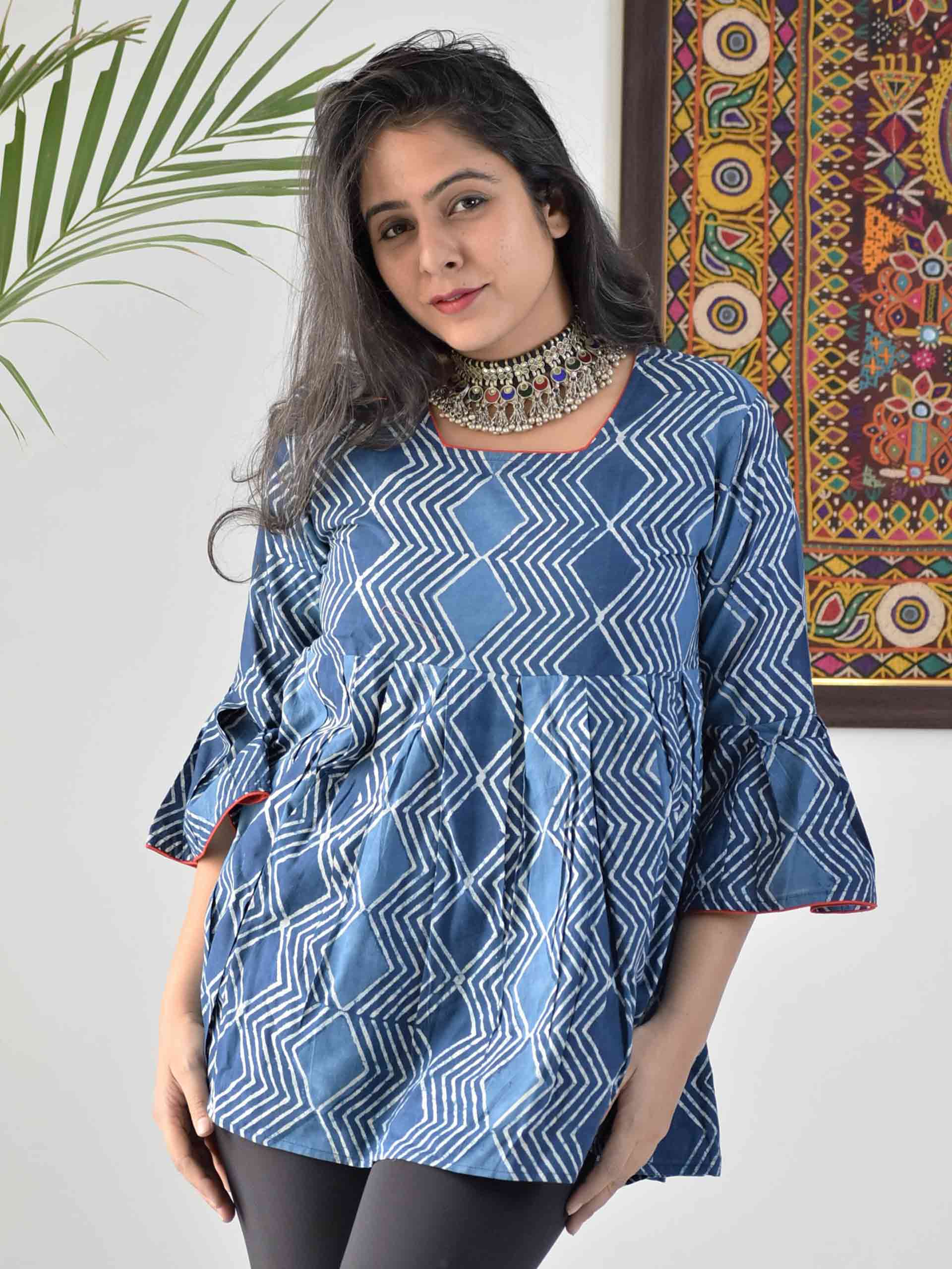Daffodil Indigo Dabu hand block printed cotton long flared top