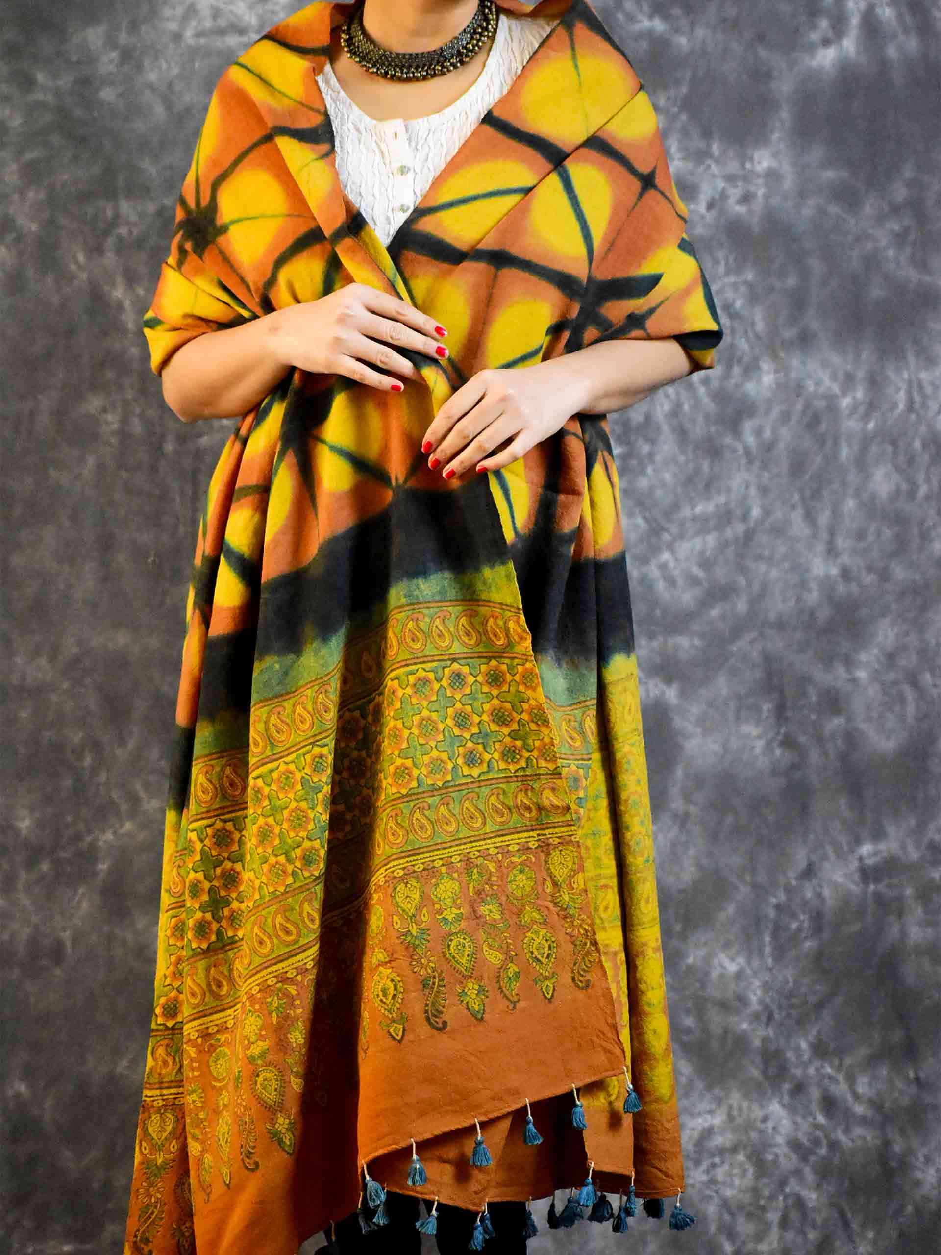Buy Ajrakh Clam Dyed Handloom Merino Wool Shawl Online