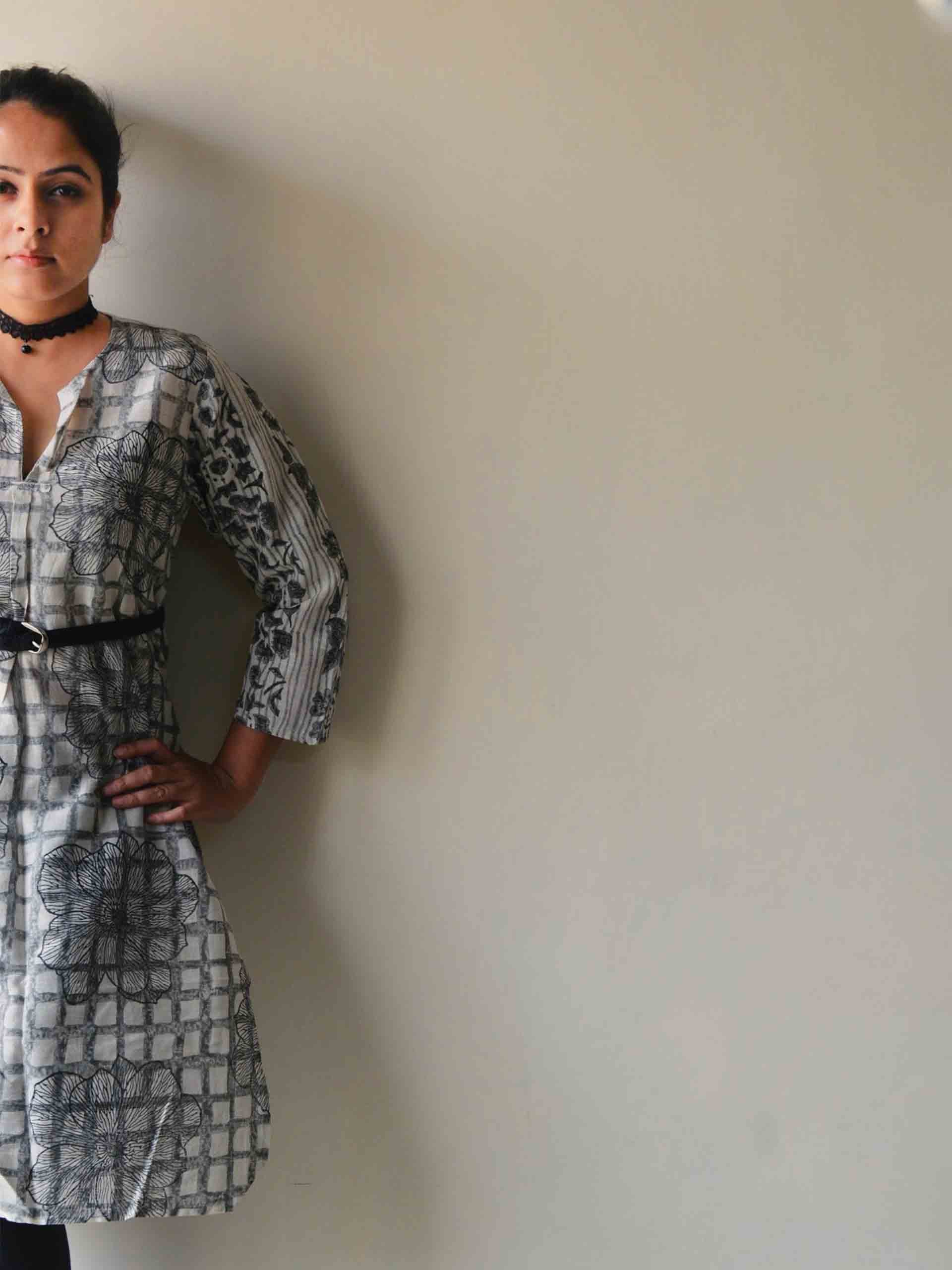 Black Hand block printed handwoven cotton kurti