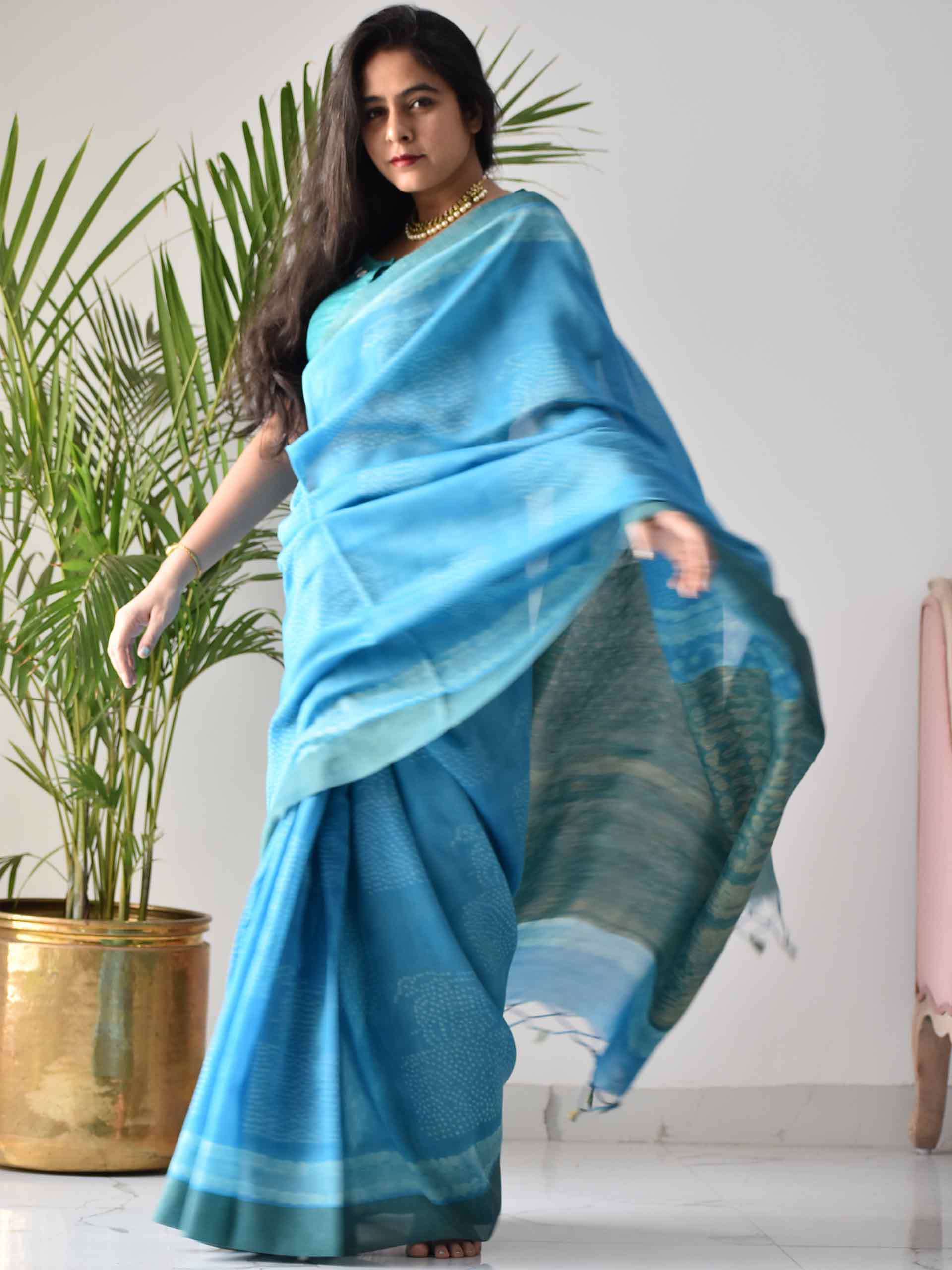 Sky Blue Pola dots Dabu hand block printed Maheshwari silk saree