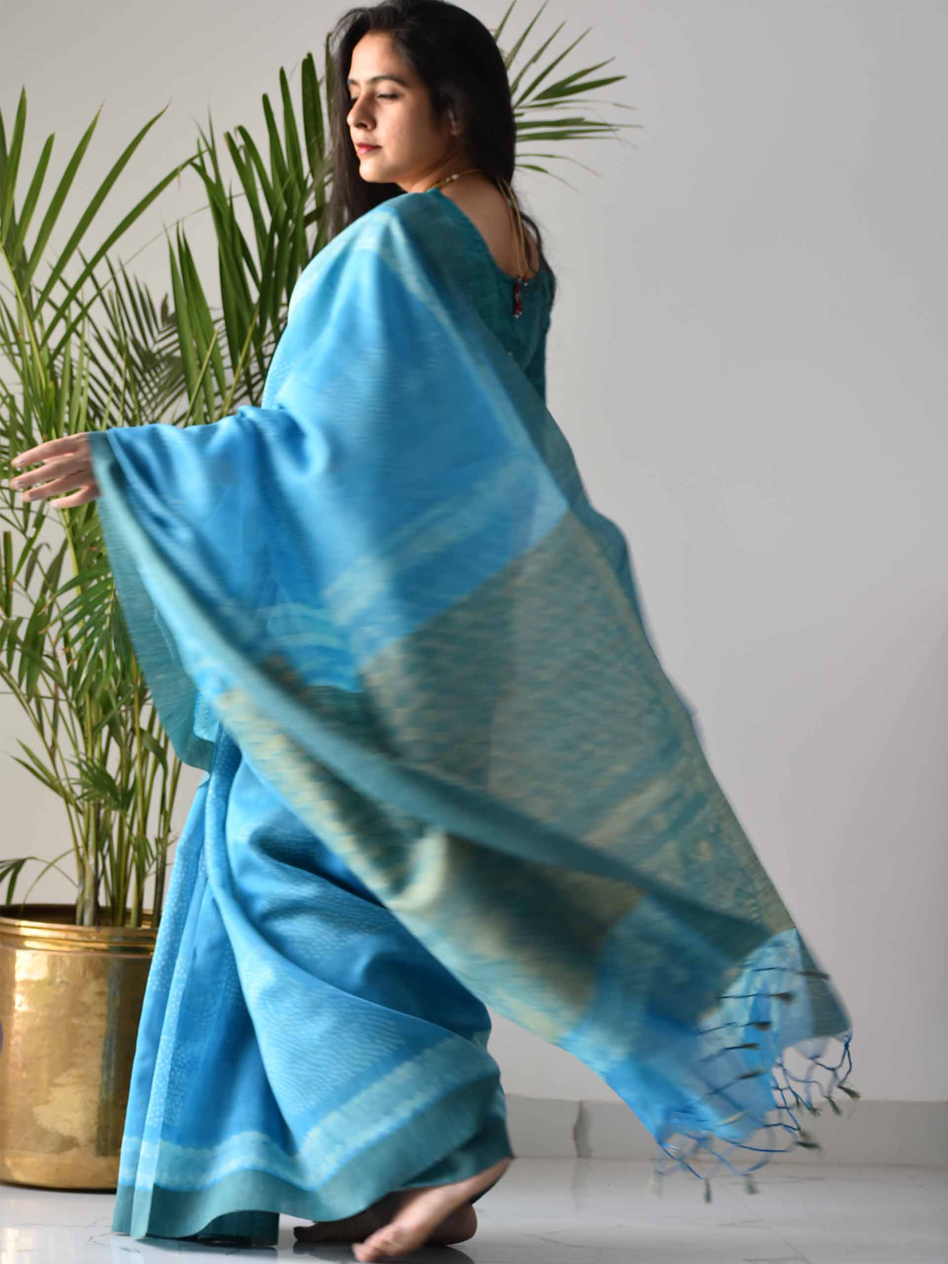 Sky Blue Pola dots Dabu hand block printed Maheshwari silk saree