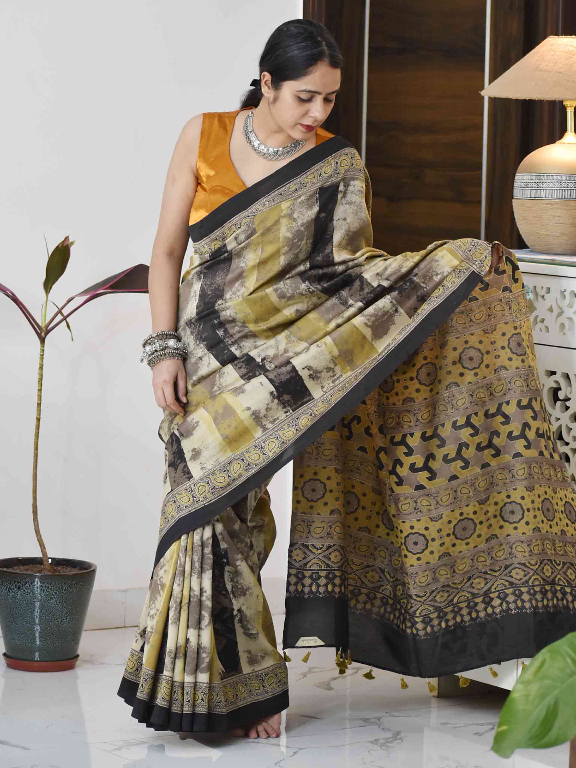 Ajrakh hand block printed Chanderi silk saree