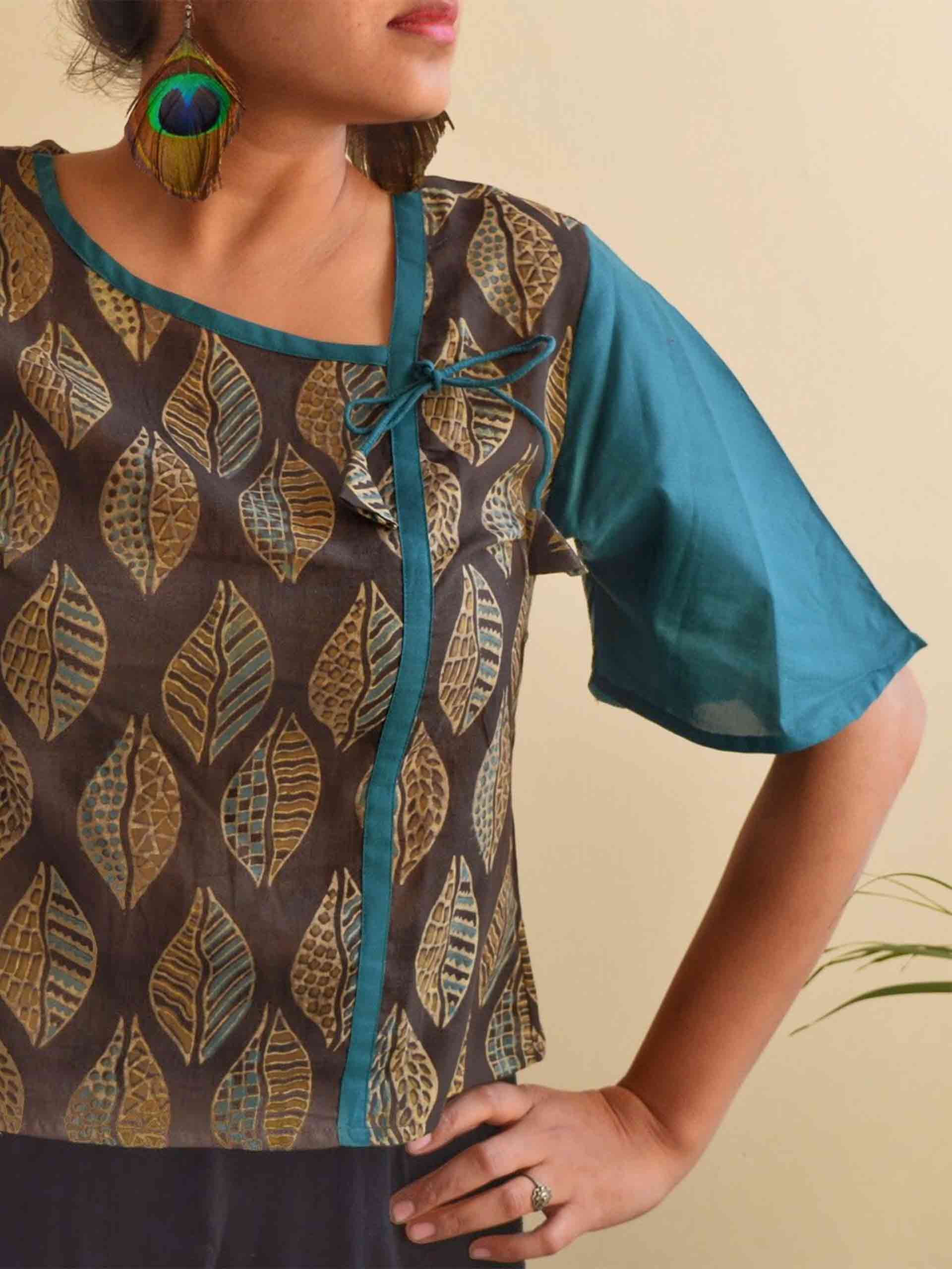 Green Ajrakh leaf hand block printed cotton crop top