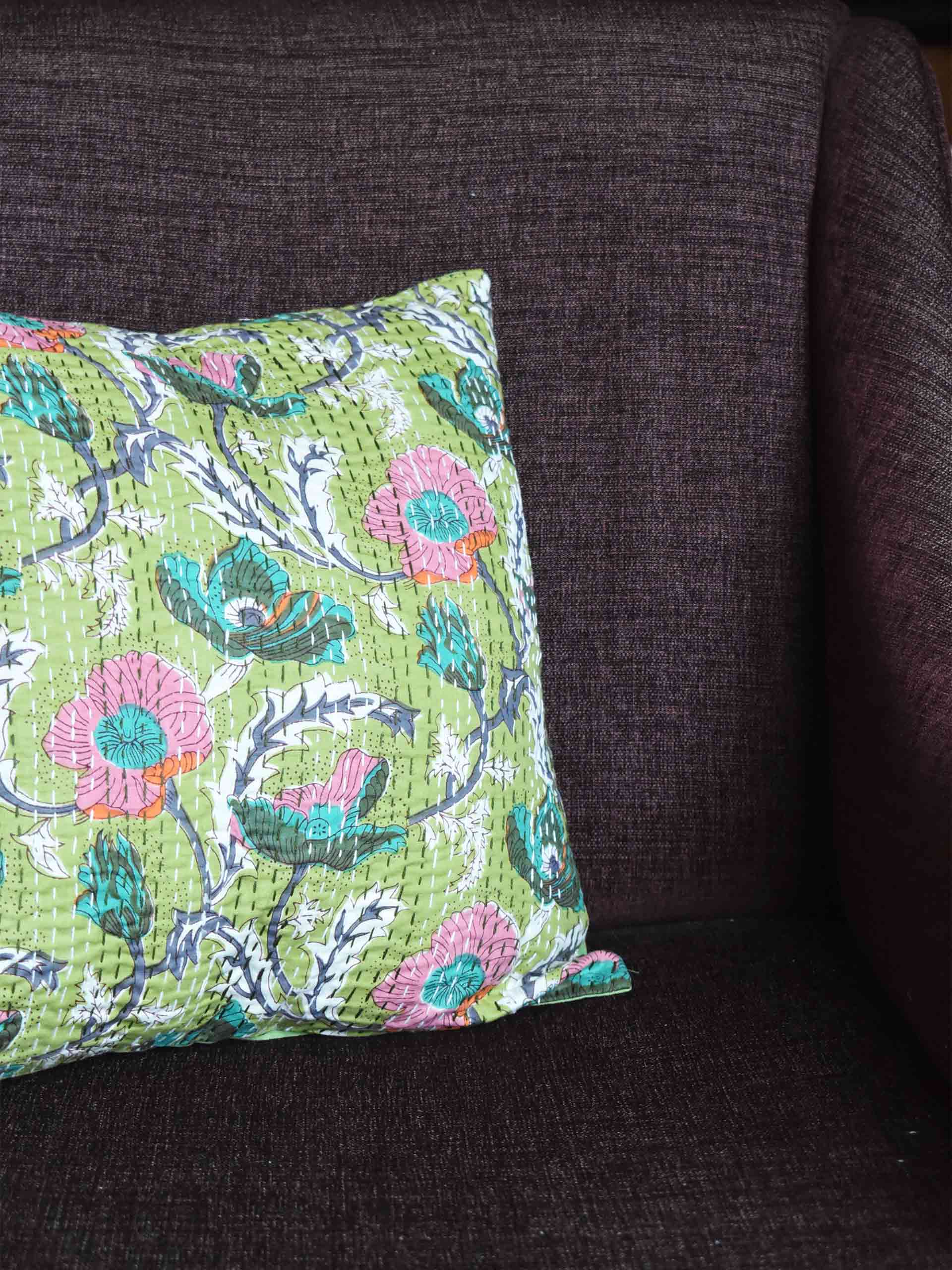 Ferns -  kantha embroidered cushion cover 16X16