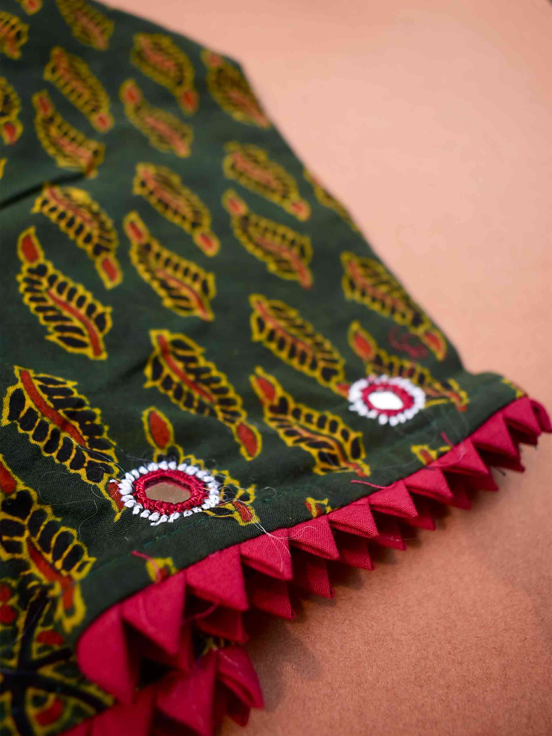Green floral leaf Ajrakh Kutch mirror work blouse