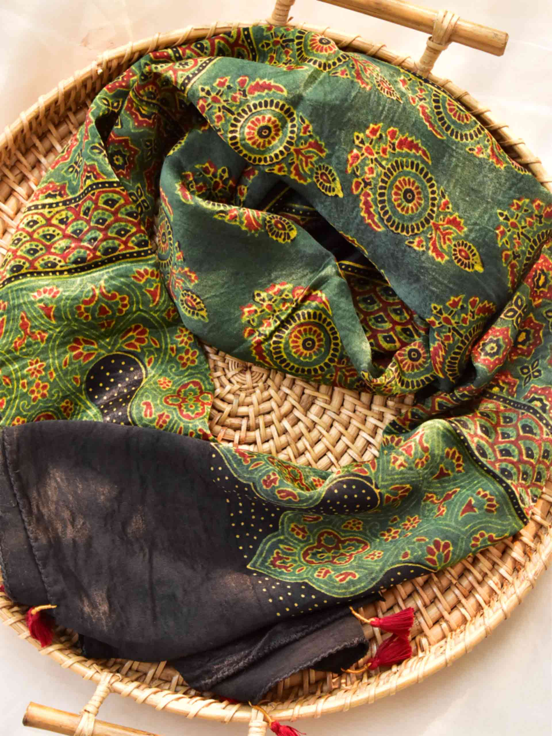 Greener - Ajrakh hand block printed Mashru silk stole