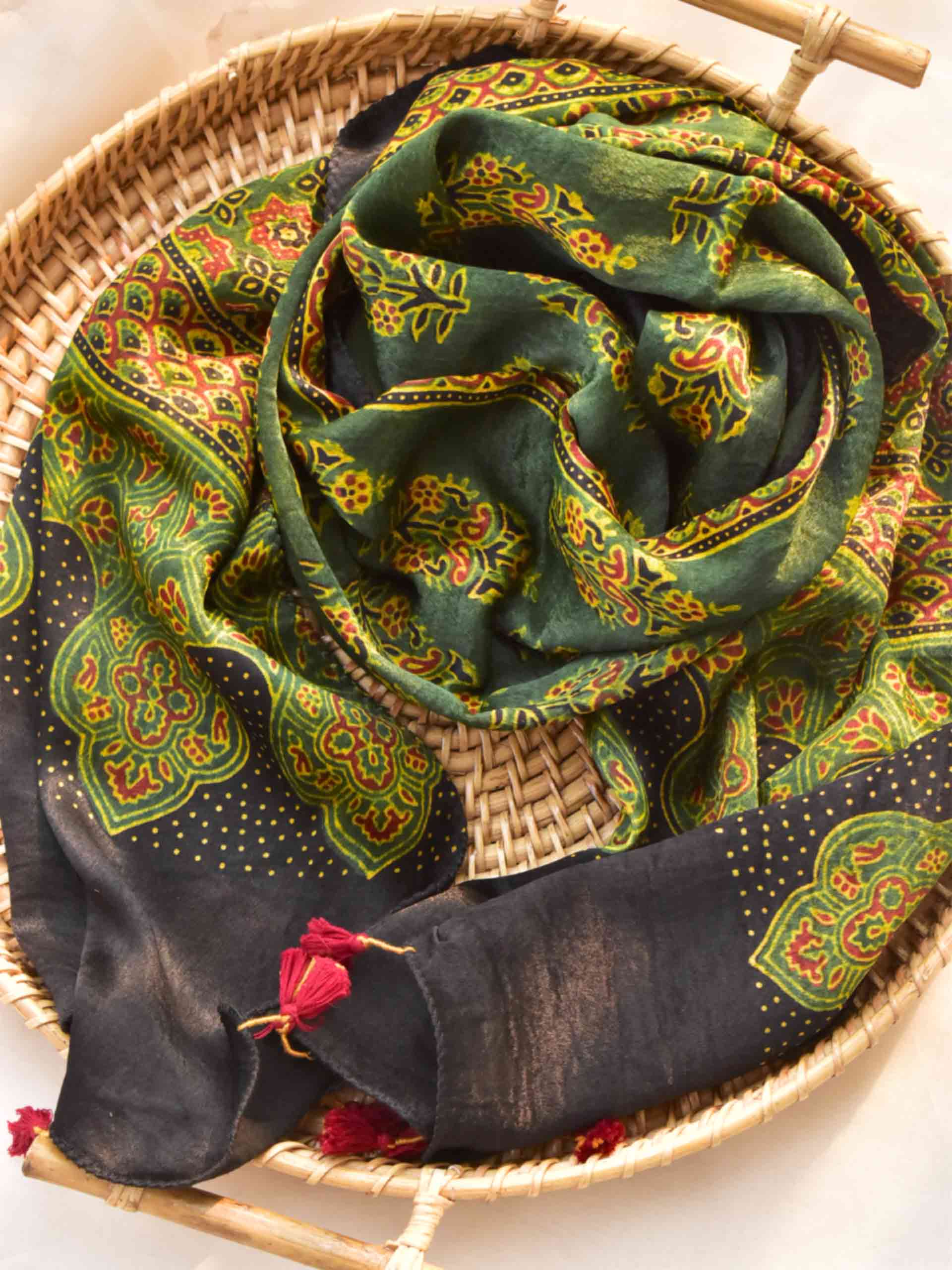 Moss - Ajrakh hand block printed Mashru silk stole