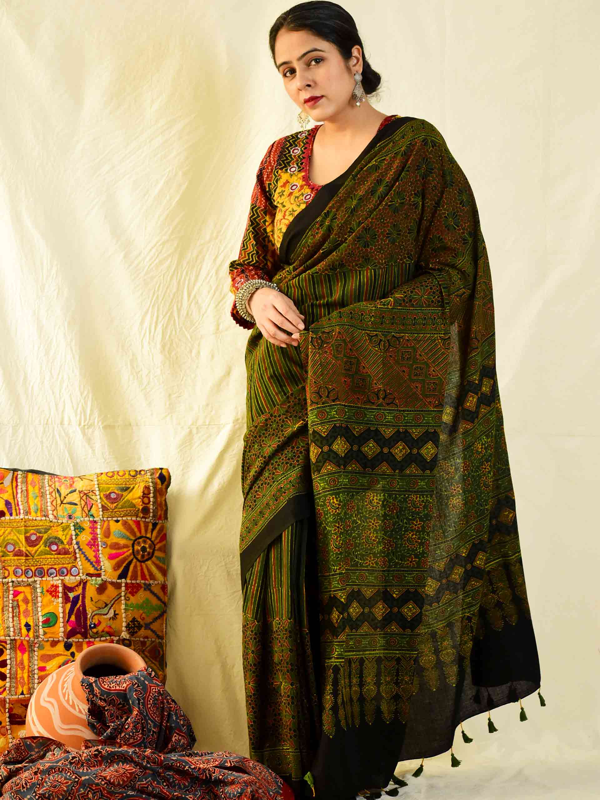 Ajrakh hand block printed mul cotton saree