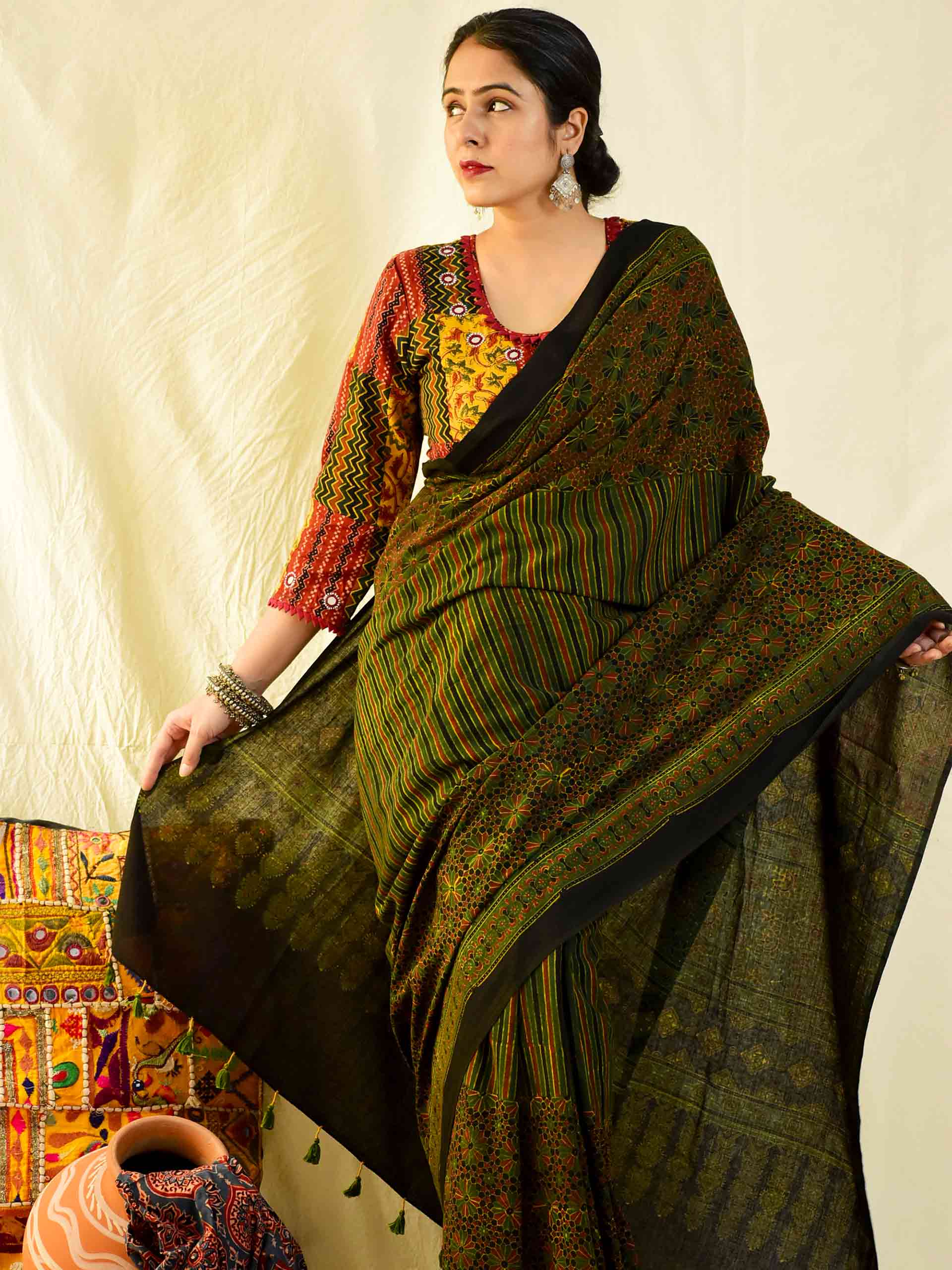 Ajrakh hand block printed mul cotton saree