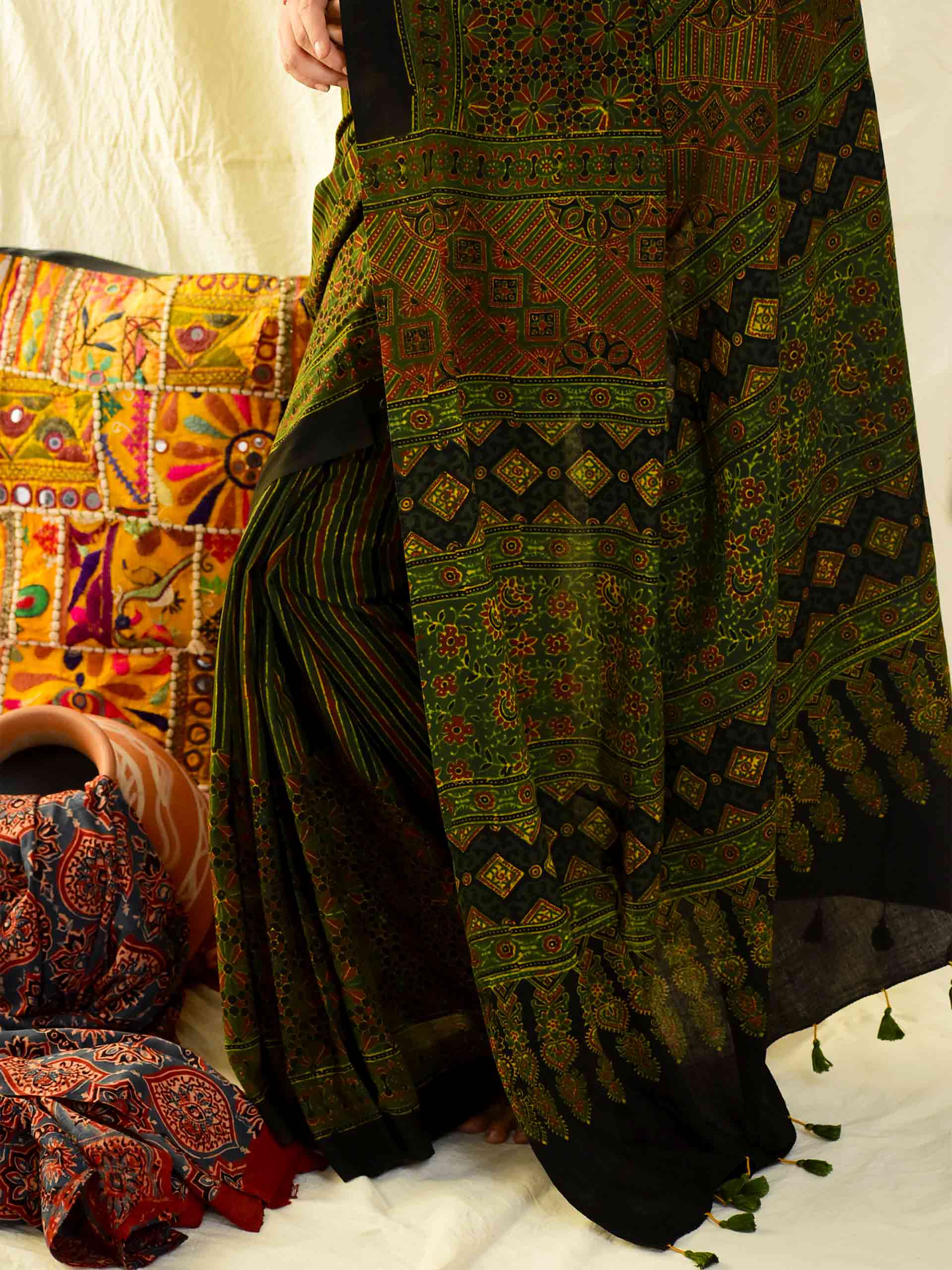 Ajrakh hand block printed mul cotton saree