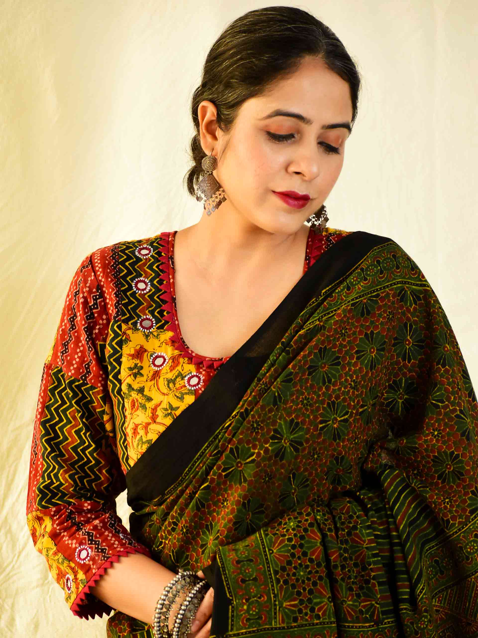 Ajrakh hand block printed mul cotton saree