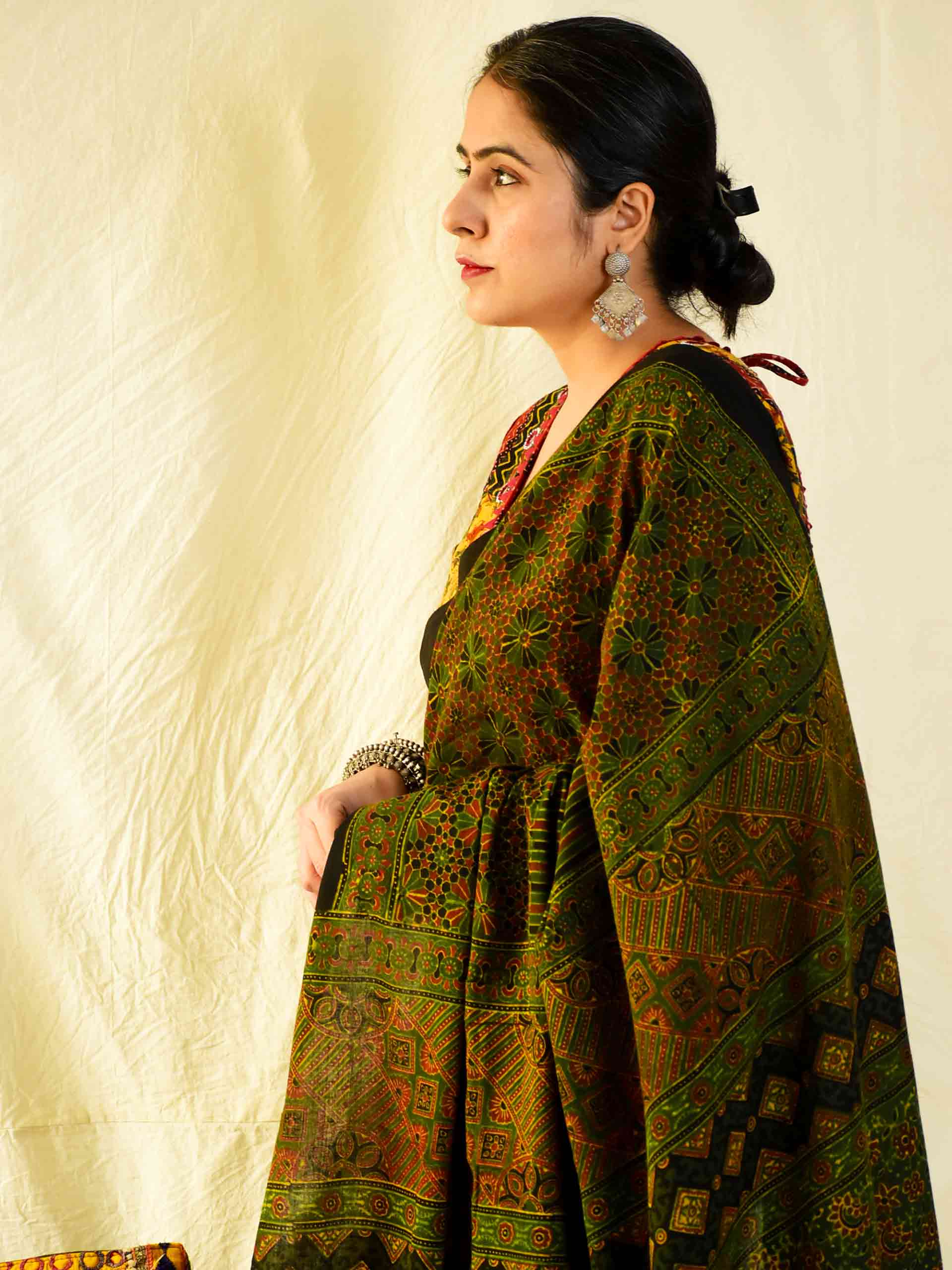 Ajrakh hand block printed mul cotton saree