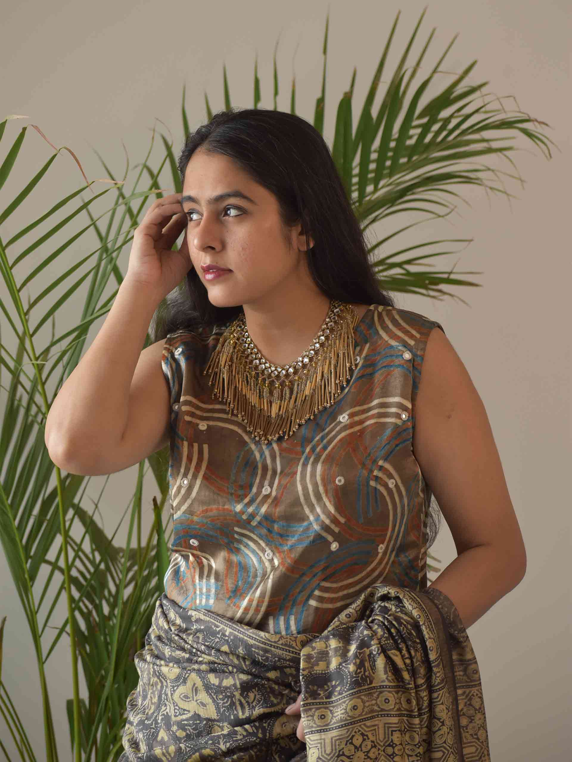 Grey Circle Ajrakh Mashru Silk Blouse