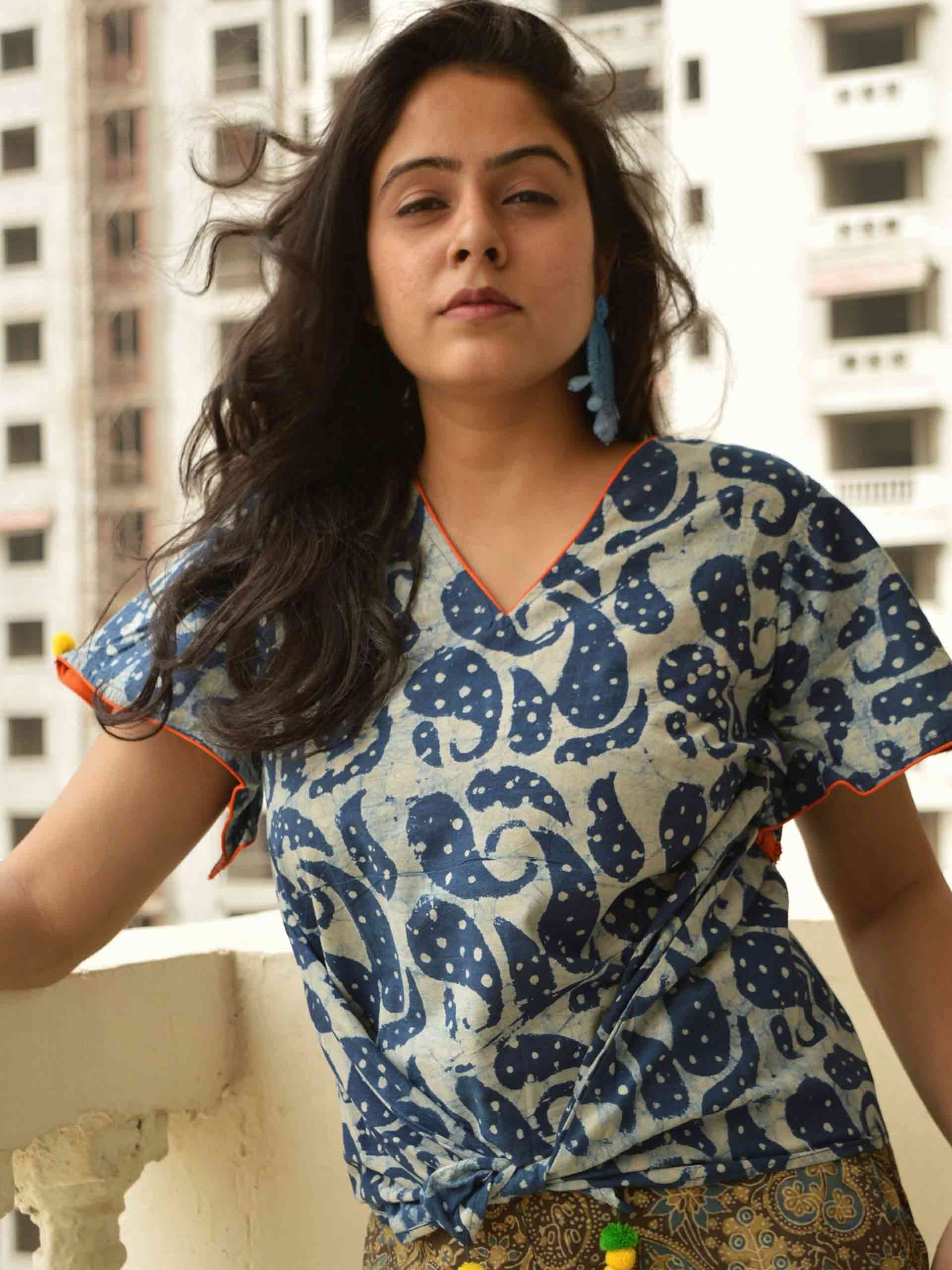 Indigo fish cut Dabu hand block printed cotton crop top