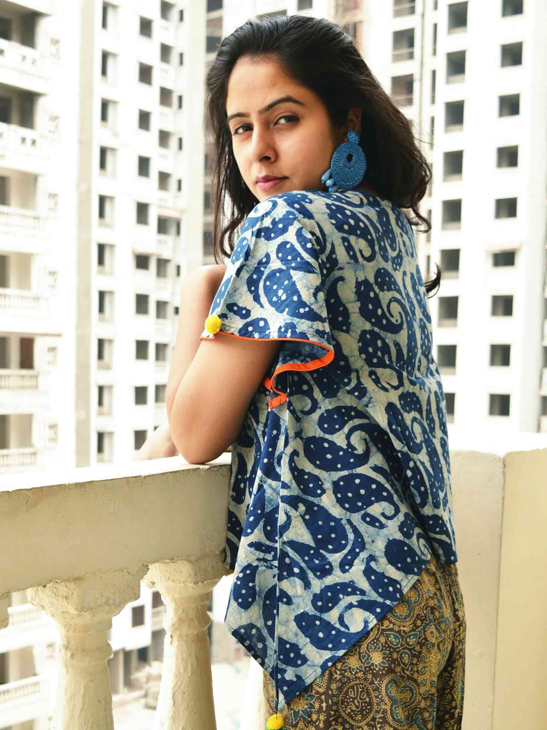 Indigo fish cut Dabu hand block printed cotton crop top