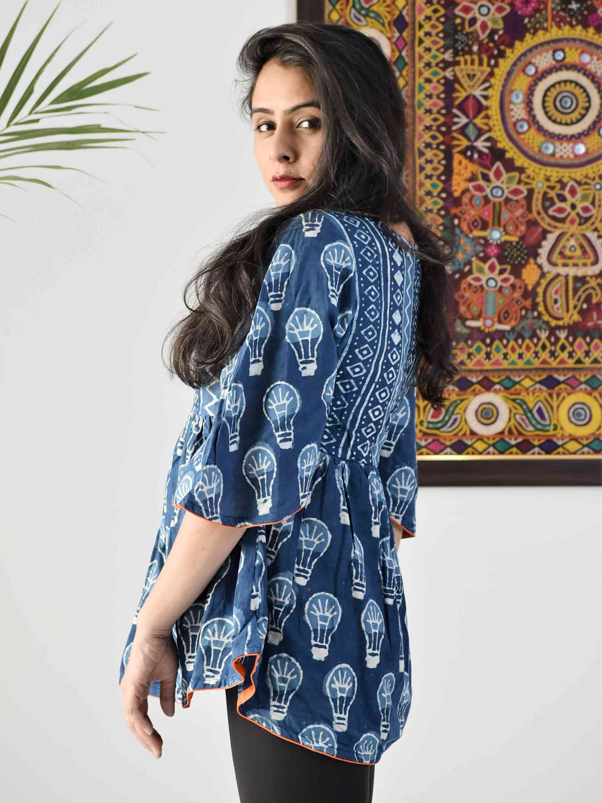 Buy Indigo Dabu Hand Block Printed Cotton Long Flared Top Online