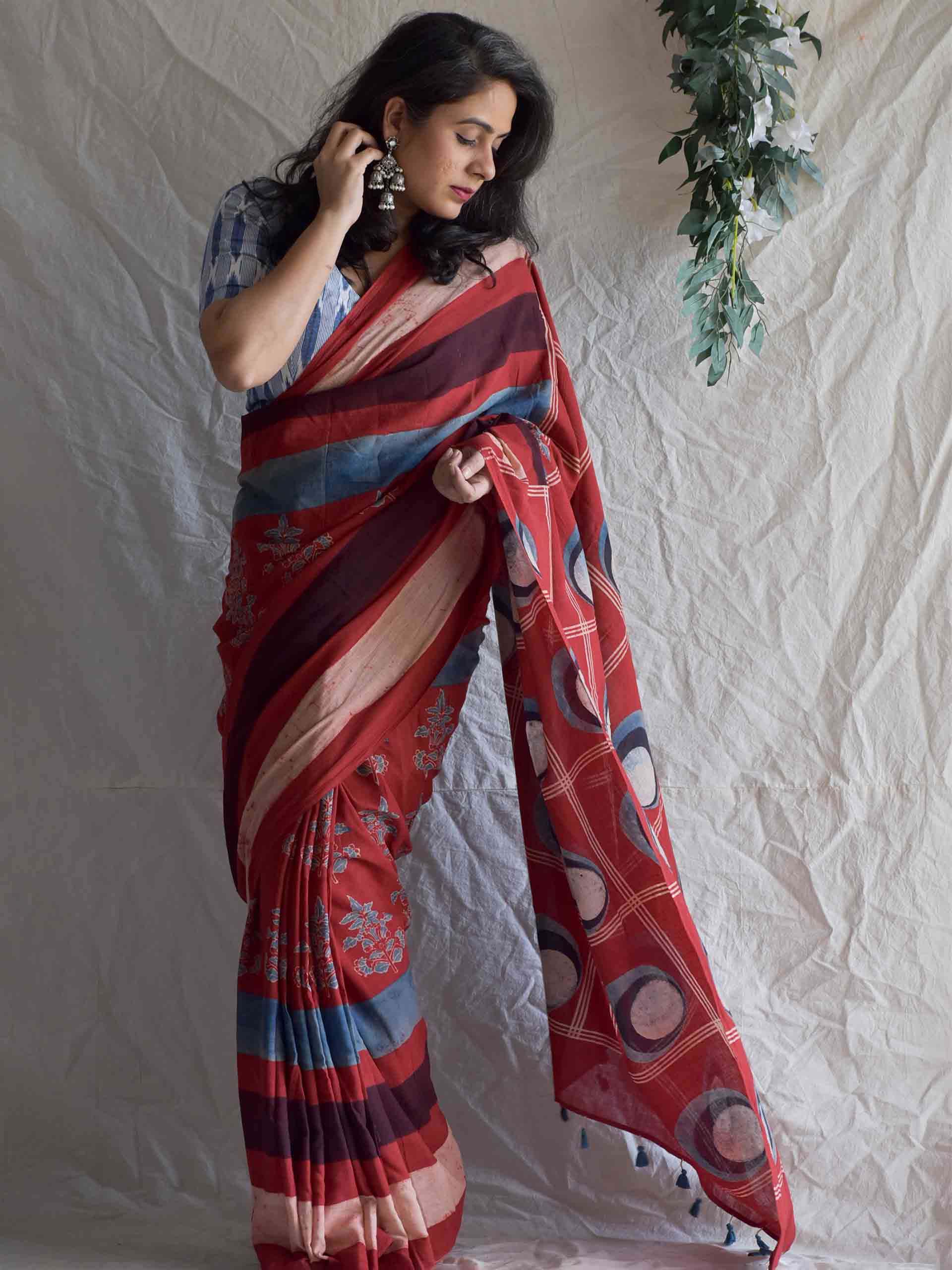 Buy Ajrakh hand block printed mul cotton saree Online