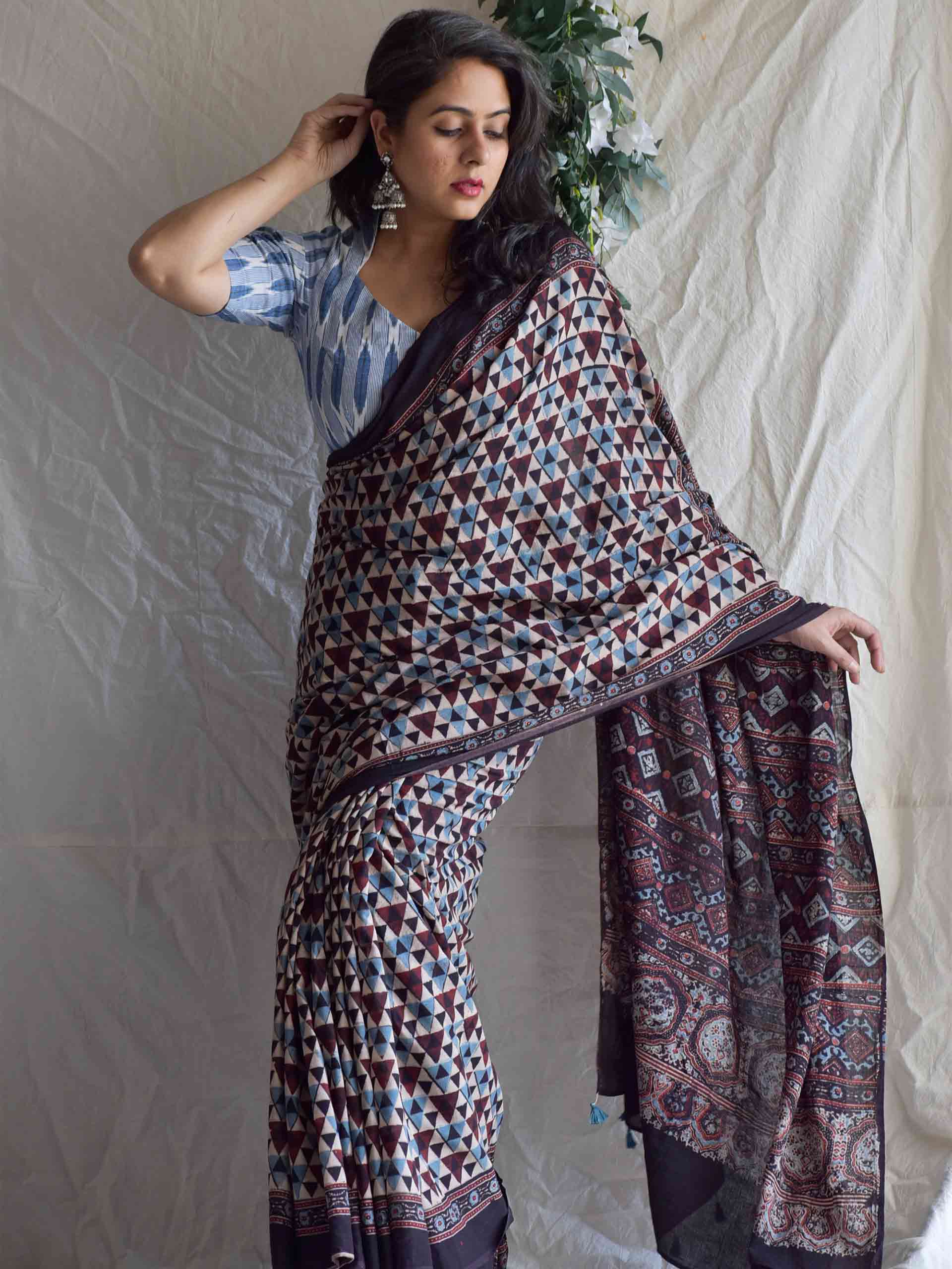 Ajrakh hand block printed mul cotton saree