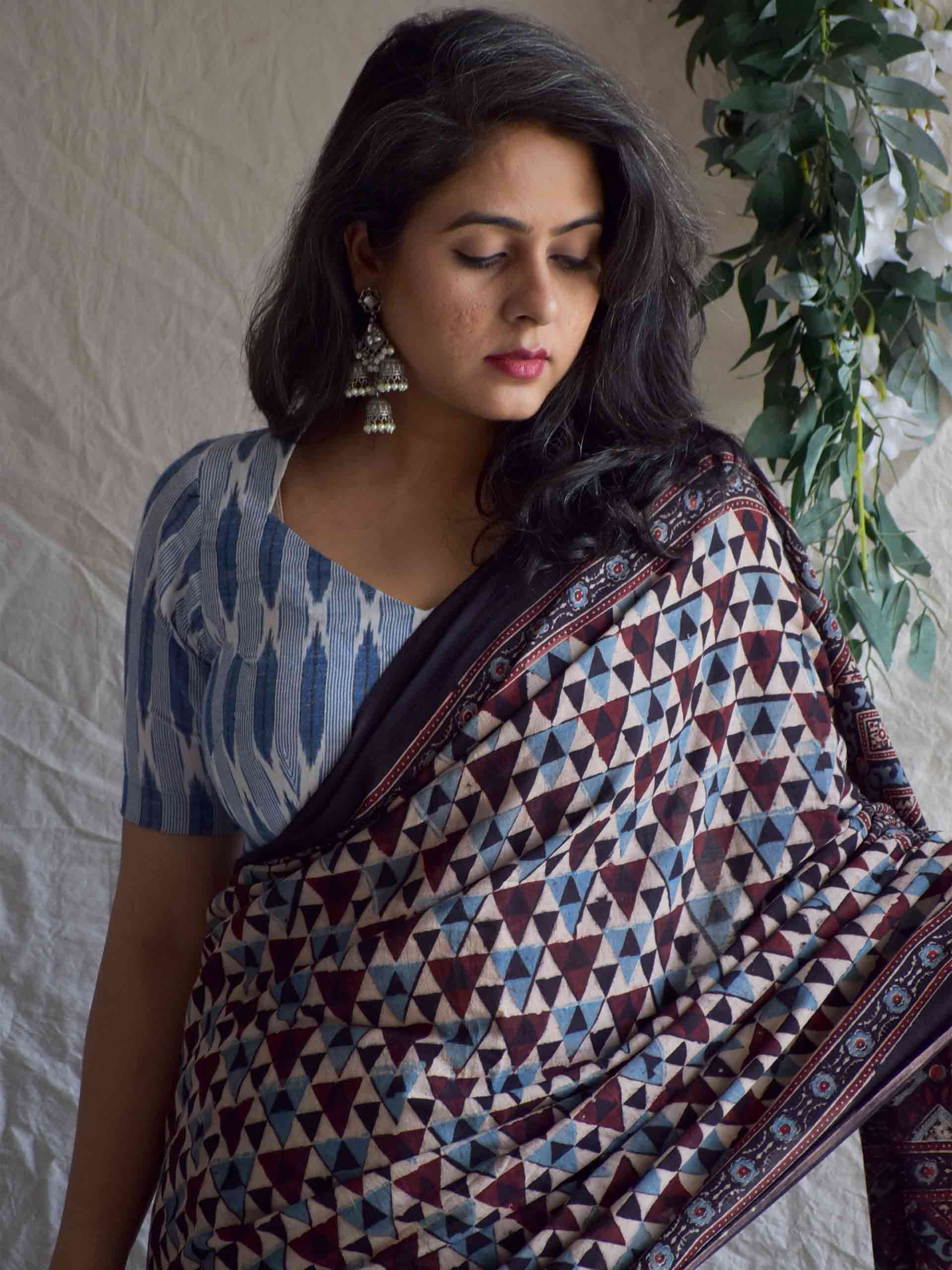 Ajrakh hand block printed mul cotton saree