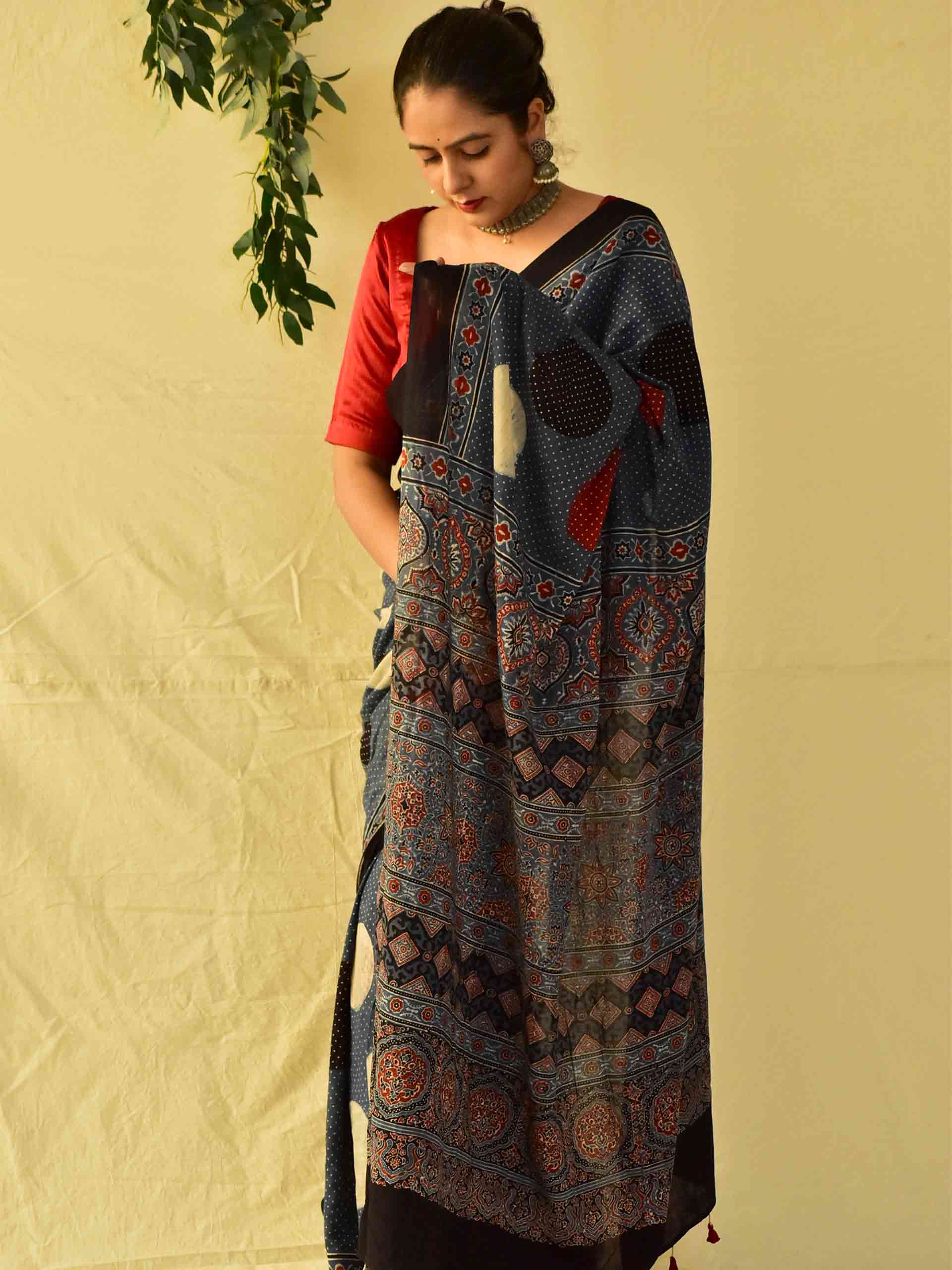 Ajrakh hand block printed mul cotton saree