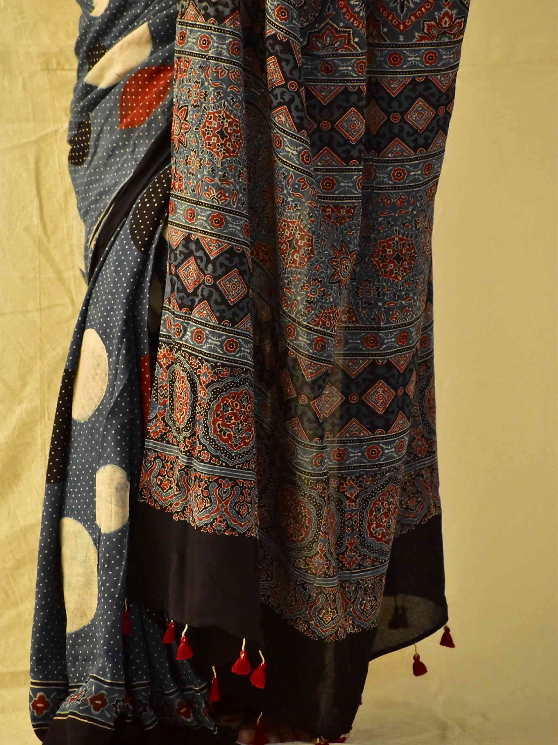 Ajrakh hand block printed mul cotton saree