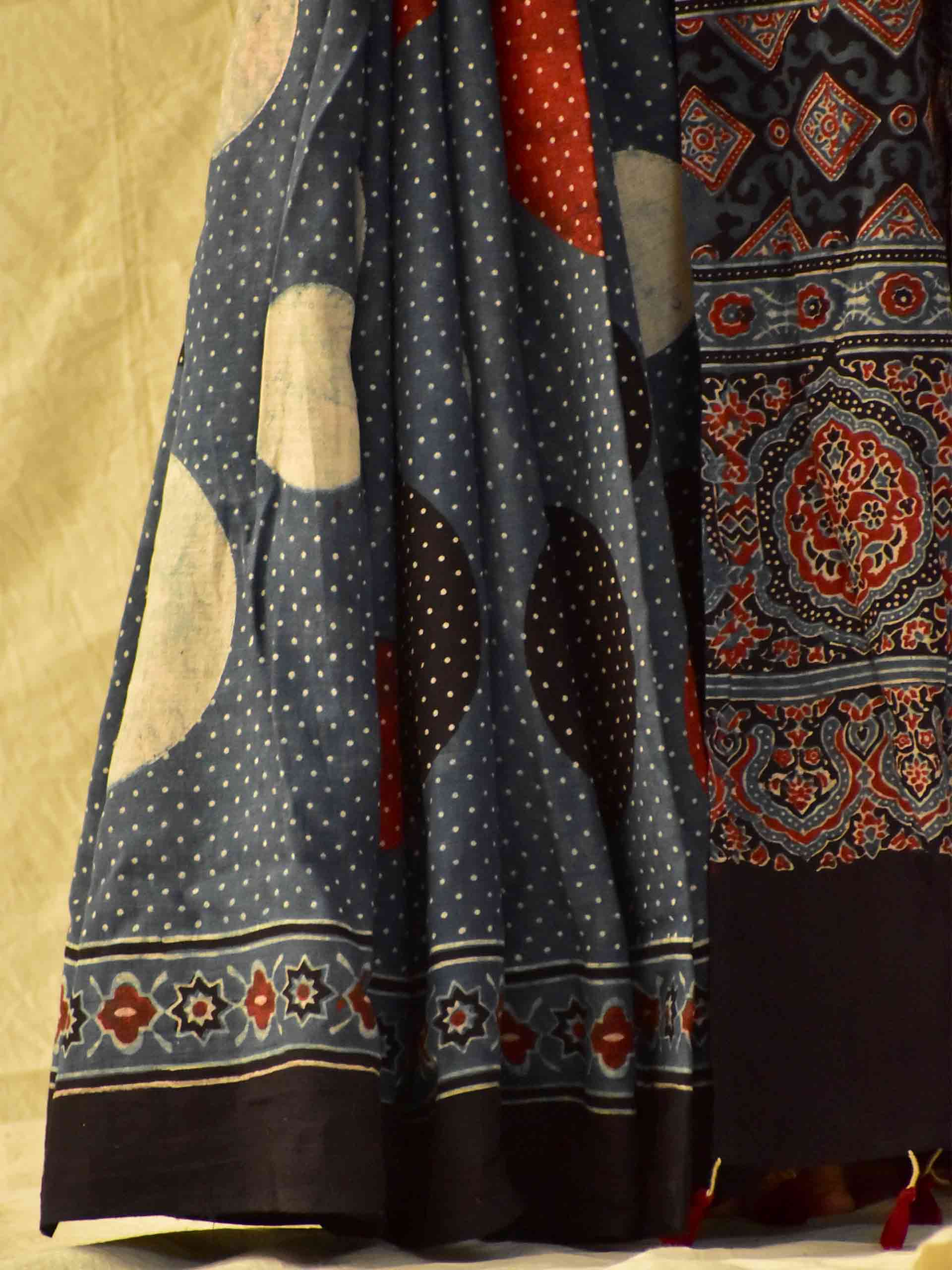 Ajrakh hand block printed mul cotton saree