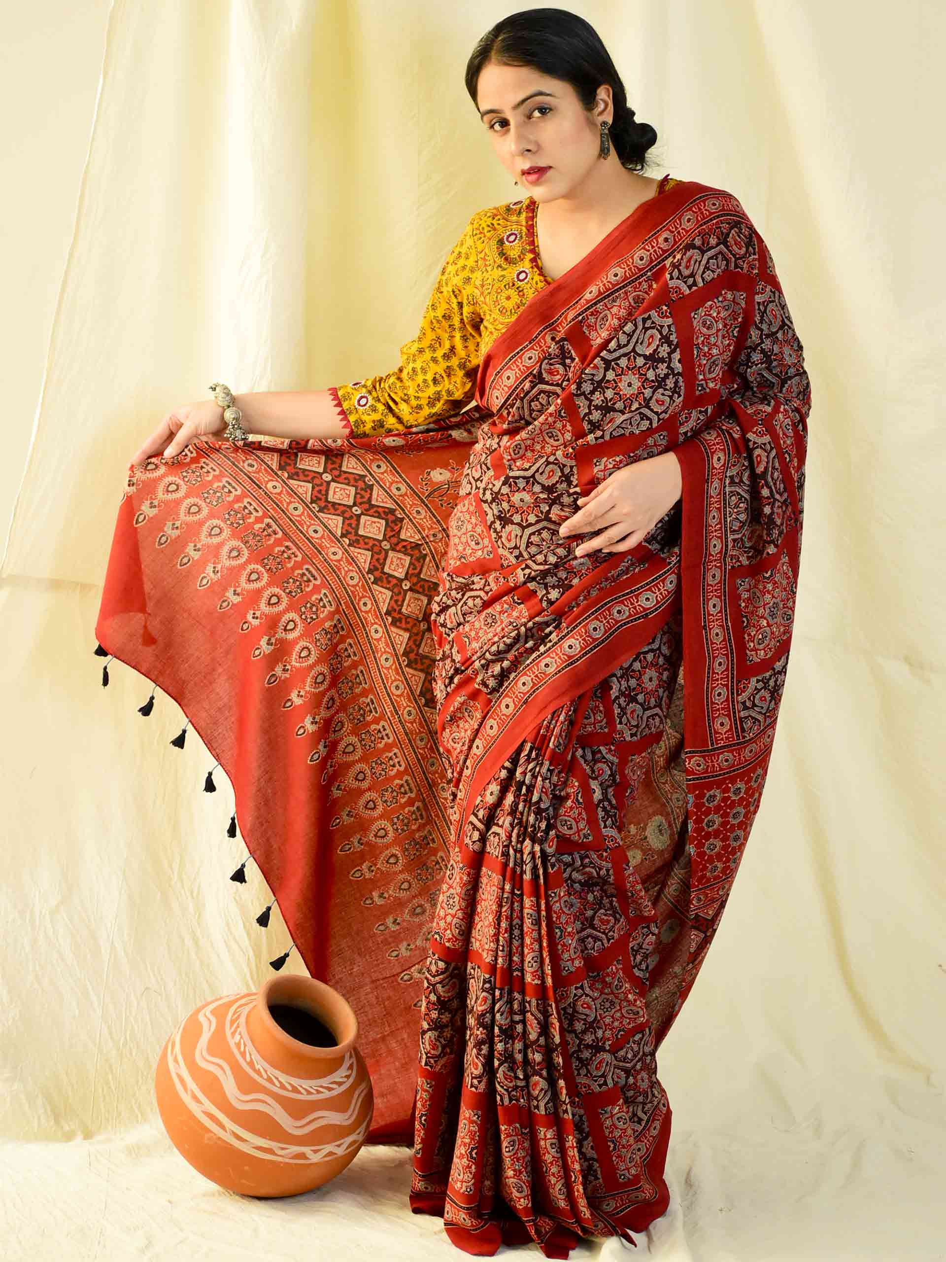 Ajrakh hand block printed mul cotton saree