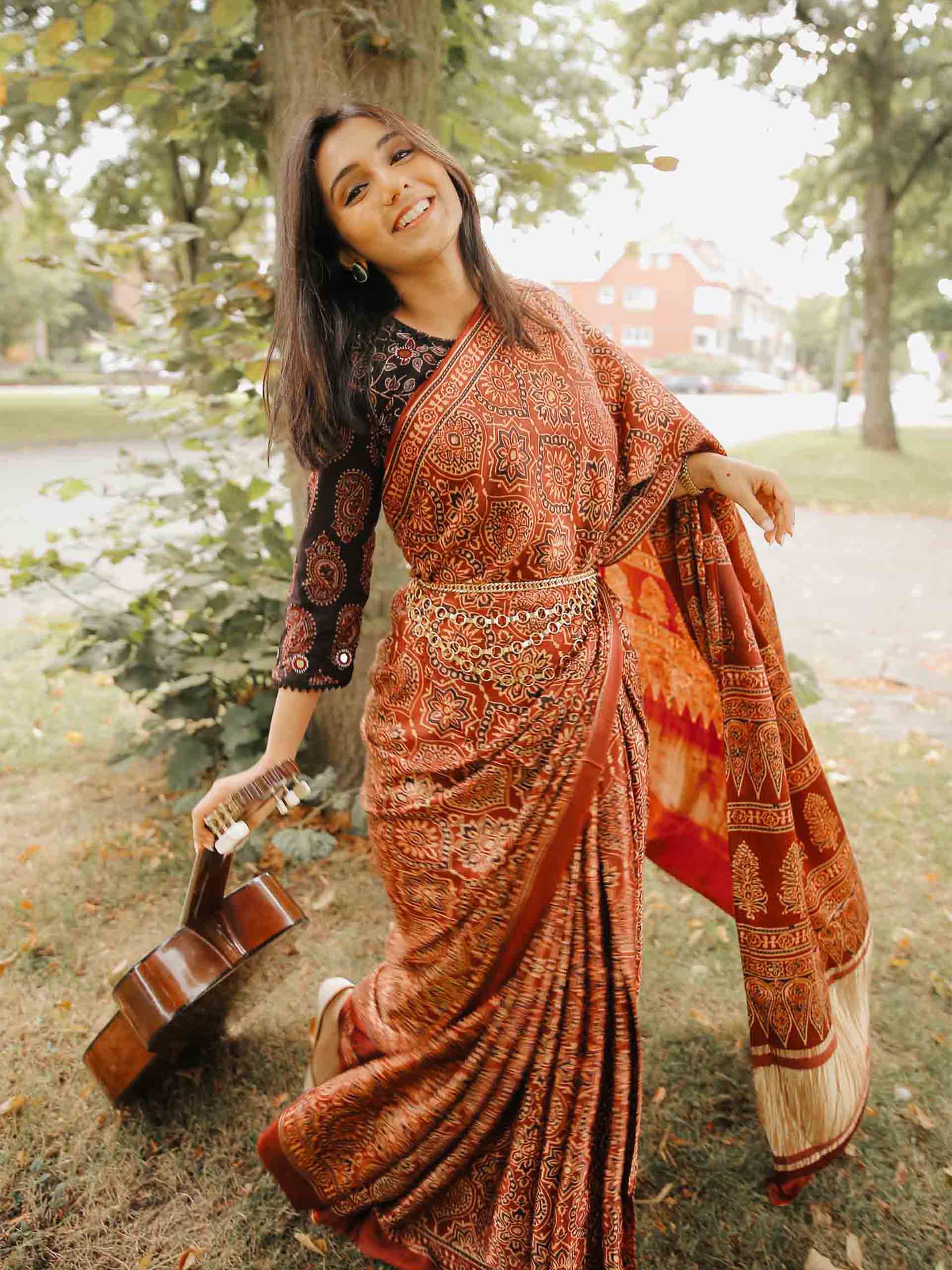 Maroon Ajrakh hand block print modal silk saree